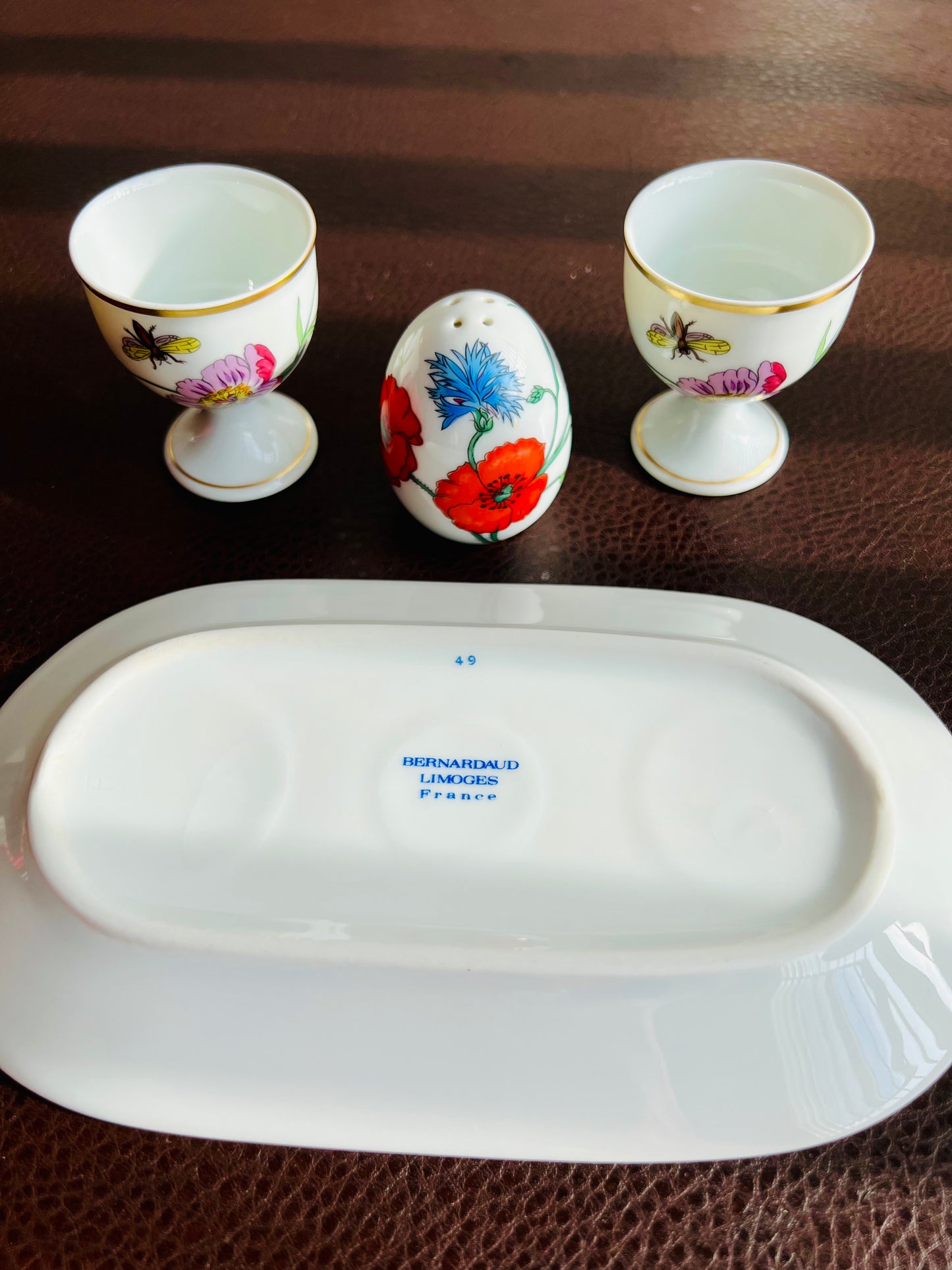 1980s Gucci Bernardaud Limoges Floral & Butterfly Print Porcelain Egg Cup and Salt Shaker Set, Made in France
