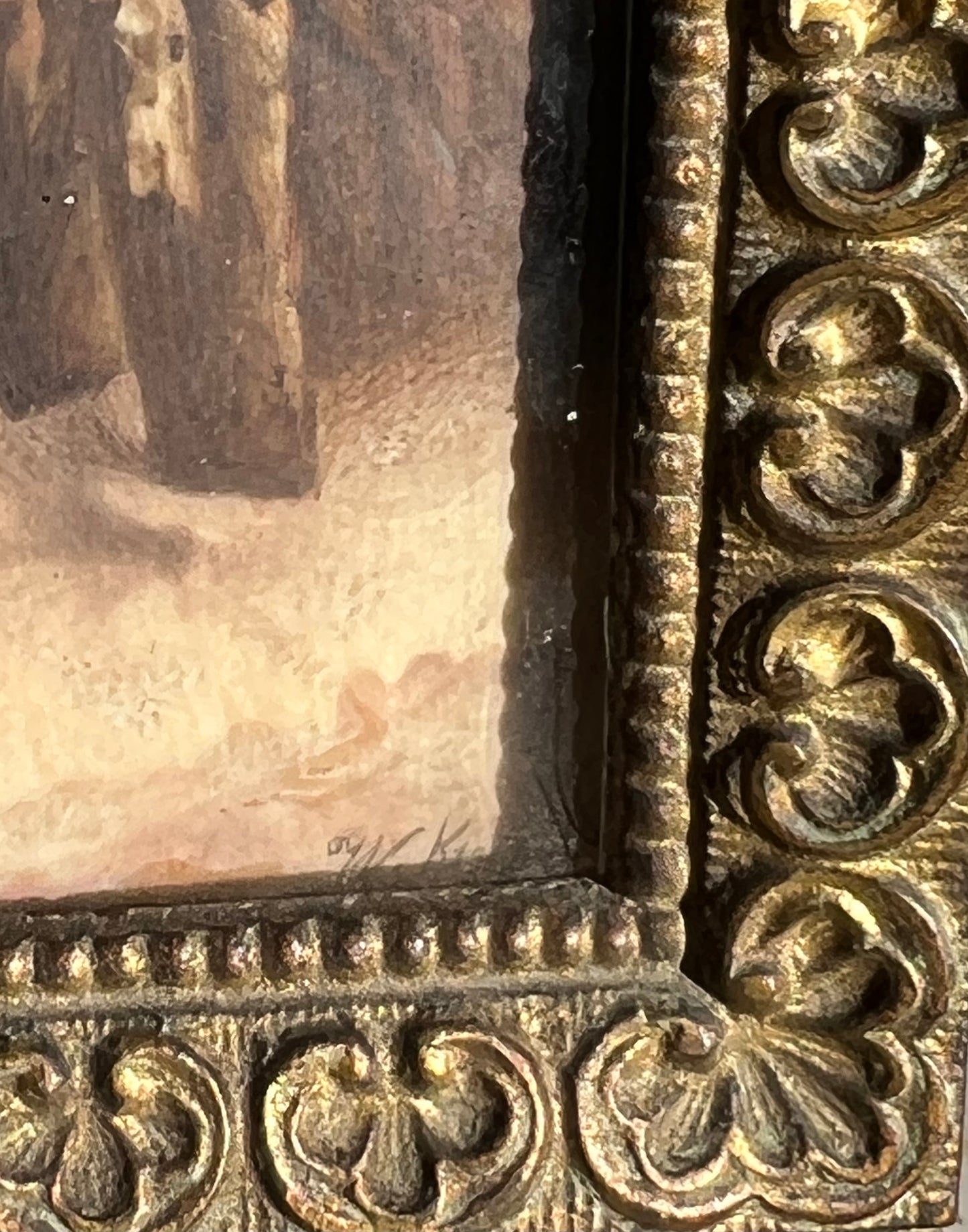 Antique Hand-Painted Original Signed Art of Porcelain Painting with Gilded Florentine Frame from Late 1800s