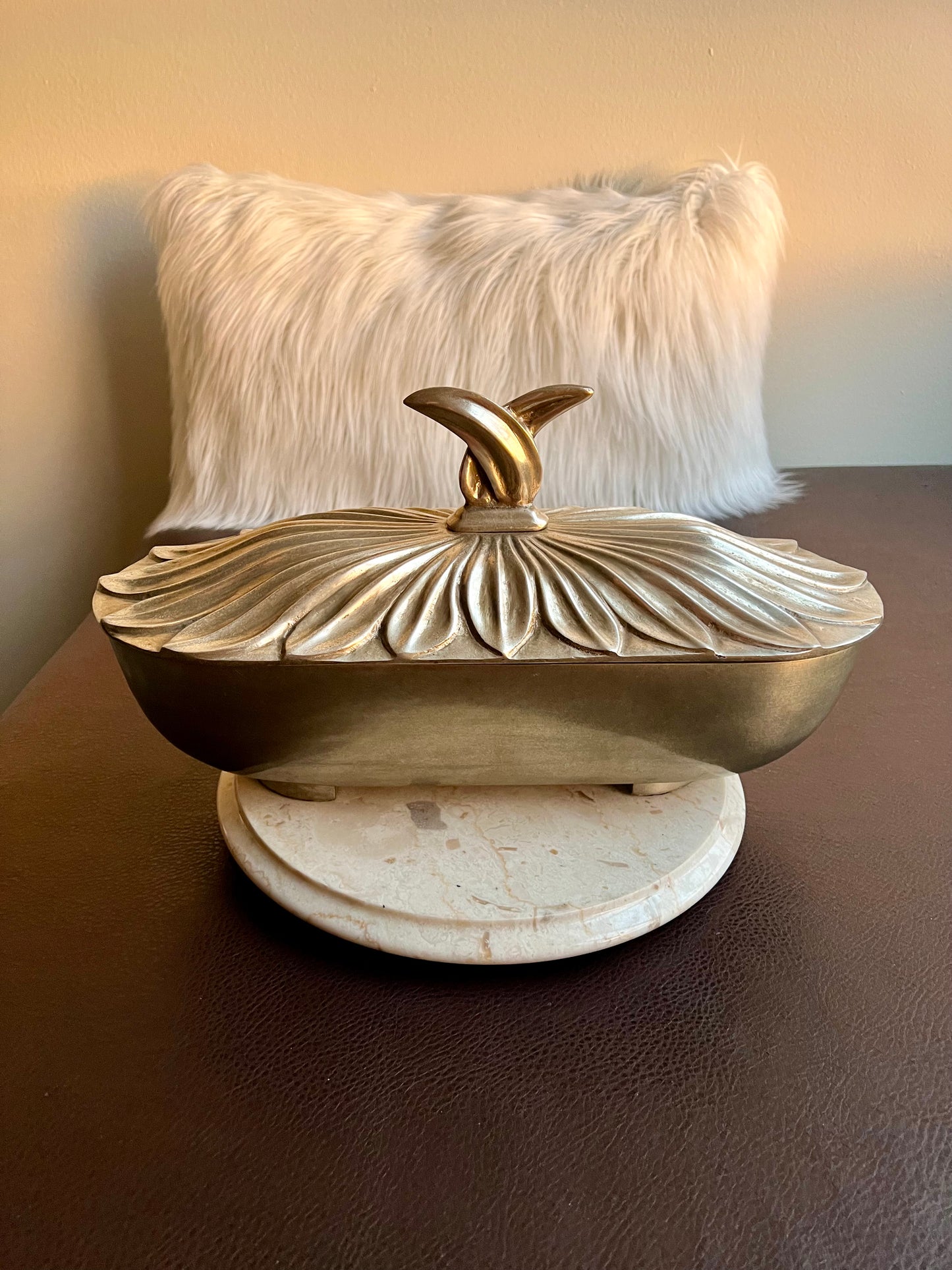 Art Deco Style Big Silver Plated Vintage Oval Metal Bowl with Decorative Flower Petal-shaped Lid, Numbered