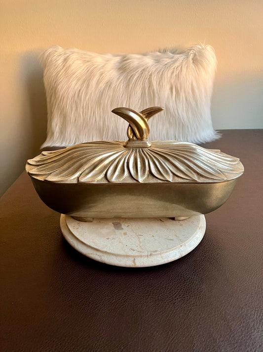 Art Deco Style Big Silver Plated Vintage Oval Metal Bowl with Decorative Flower Petal-shaped Lid, Numbered
