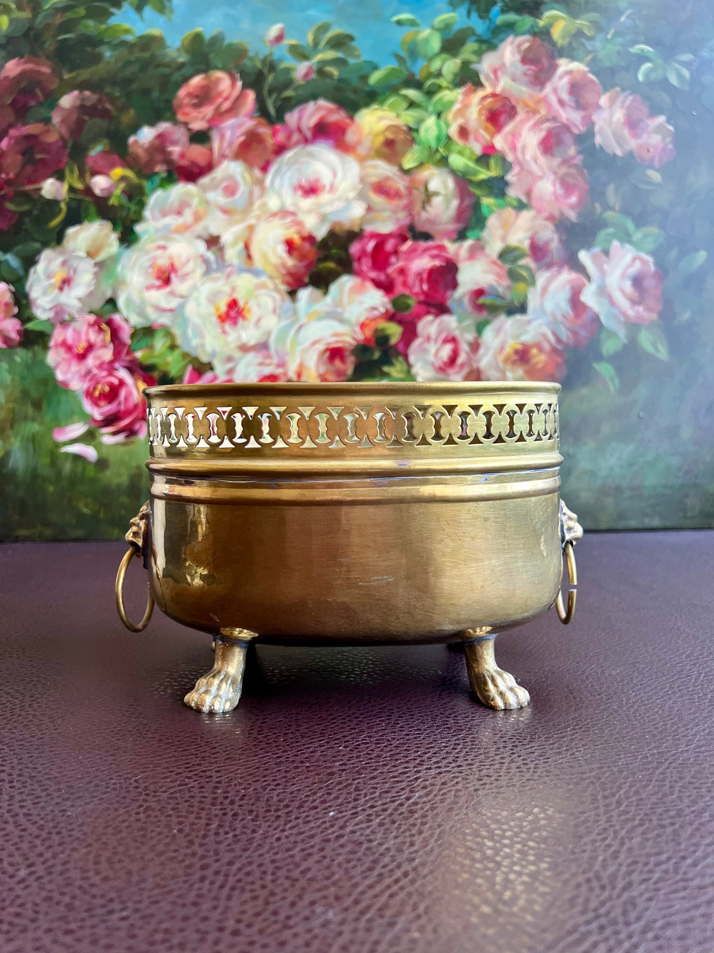 Spanish Antique/Vintage Brass Planter Jardinière Ornate on Four Lion Paws Footed and Two Lion Heads with Rings