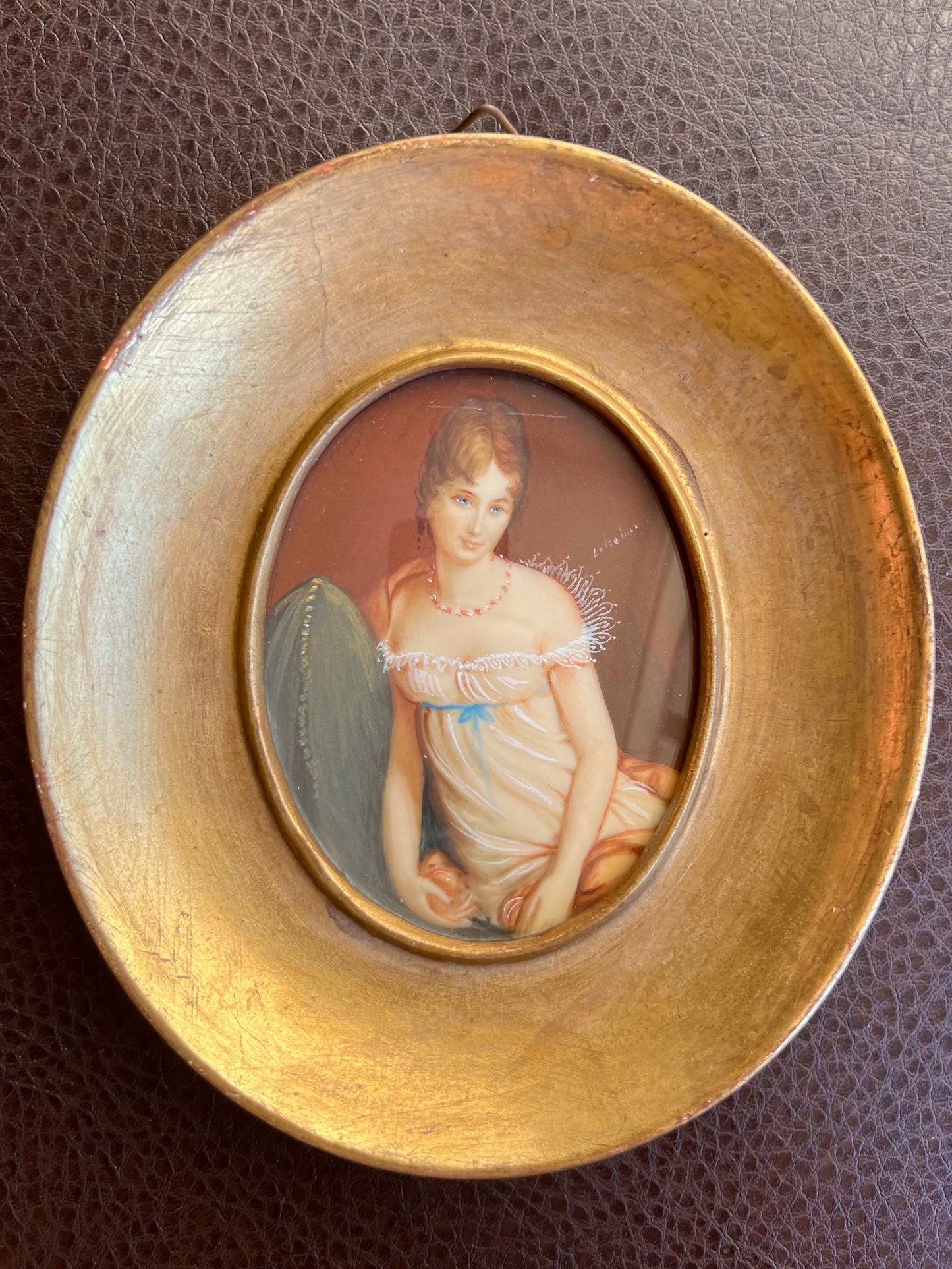 Antique/ Vintage Miniature Italian Original, Signed Hand Painted Portrait, Lady in Nightgown with Gilded Wooden Frame