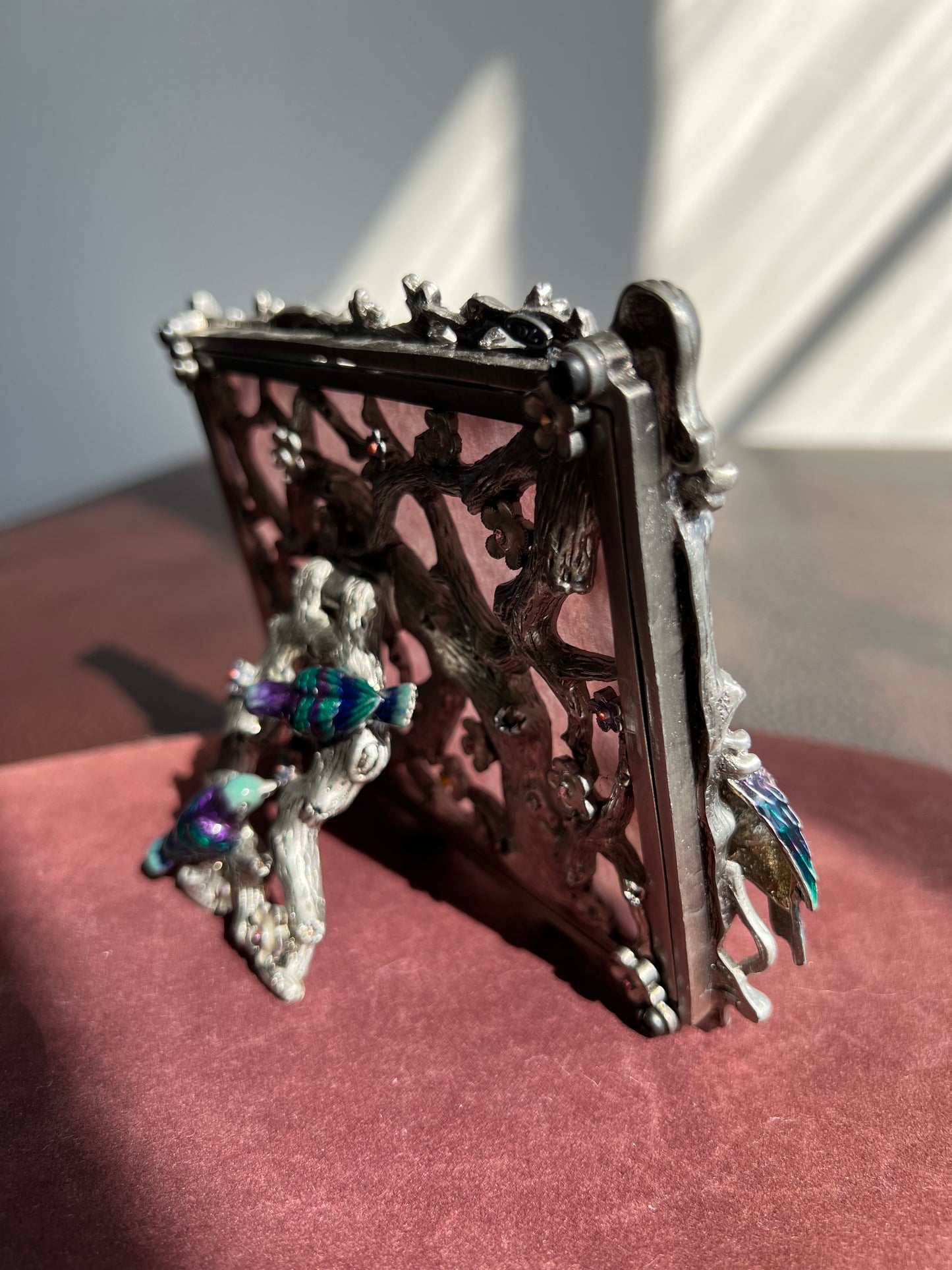 Blue Birds Vintage Metal Photo Frame with Rhinestones, Flowers and Tree Branches