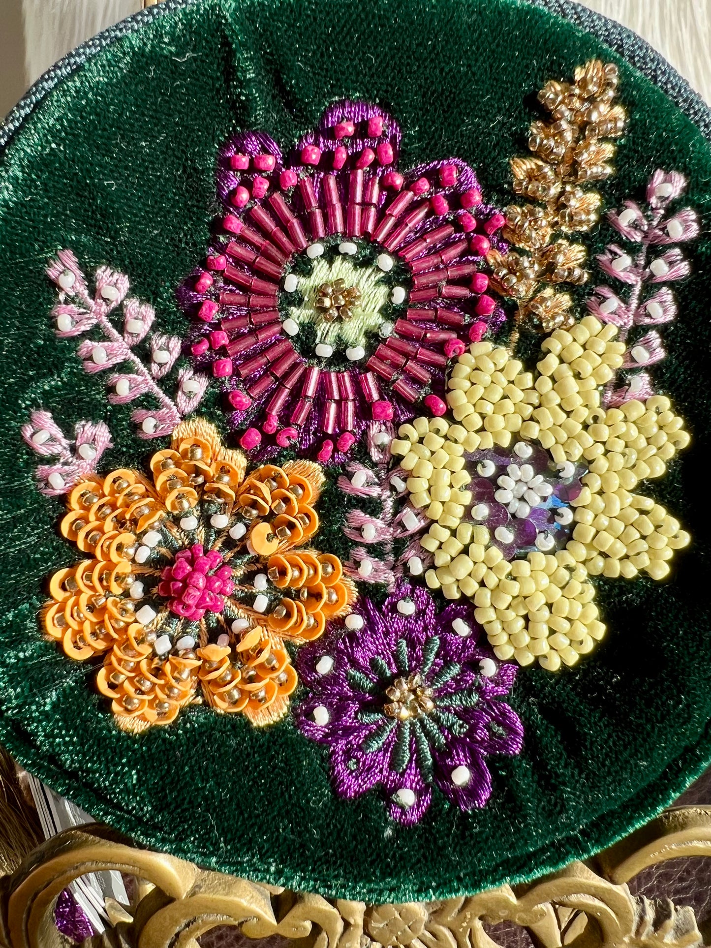 Round Beaded Mini Makeup Case Dark Green Plush Purse/ Bag with Floral Motif Decoration