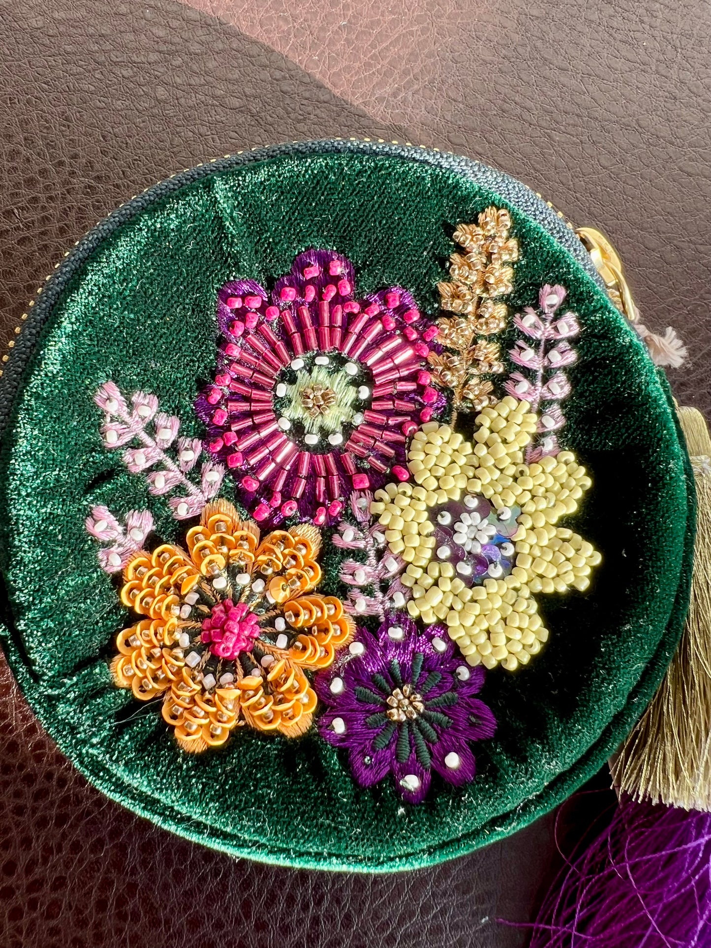 Round Beaded Mini Makeup Case Dark Green Plush Purse/ Bag with Floral Motif Decoration