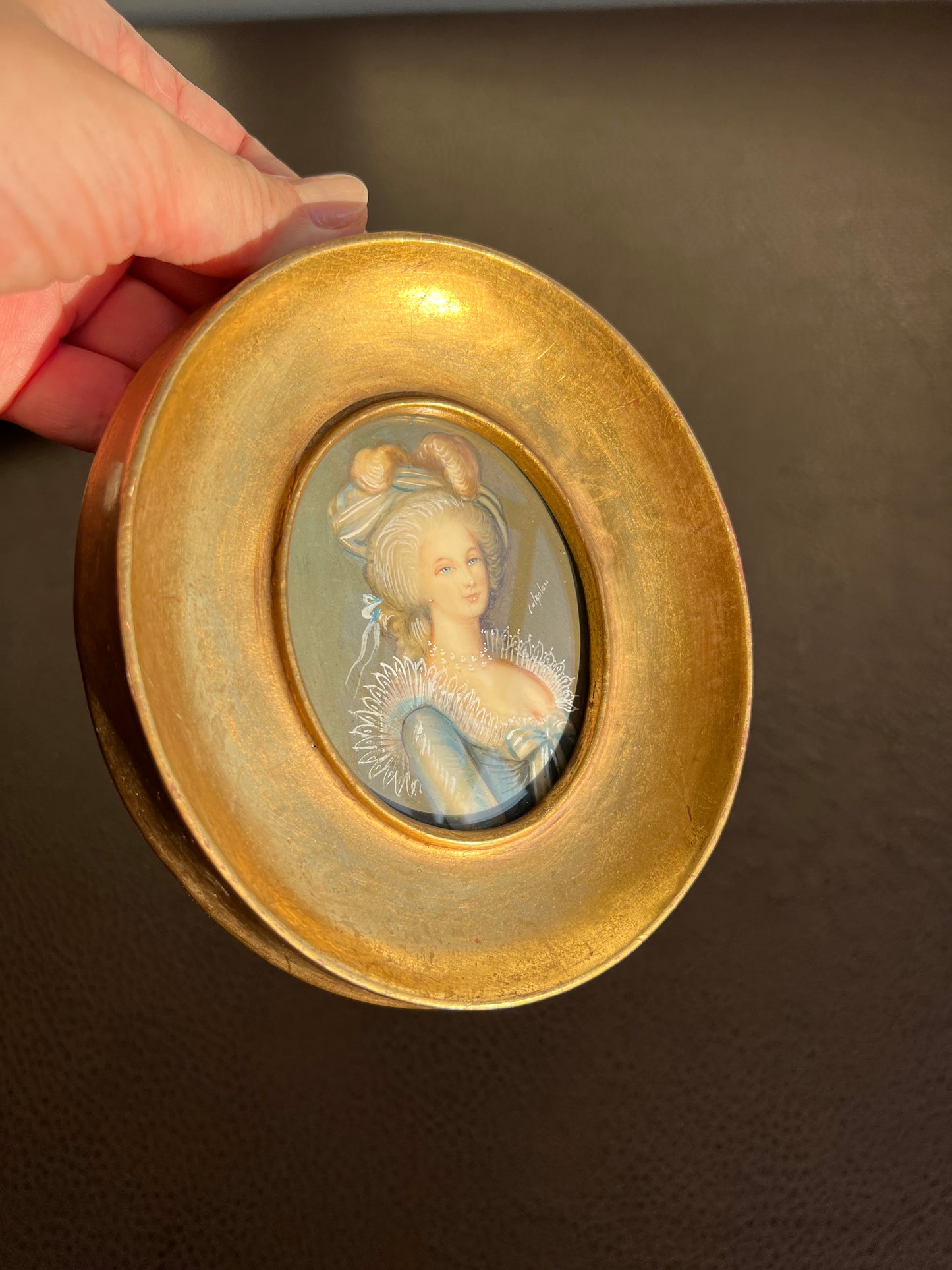 Antique/ Vintage Italian Miniature Oval Gilded Wooden Framed Original, Signed Painting Portrait Of Royal Lady Wall Decor c1900's