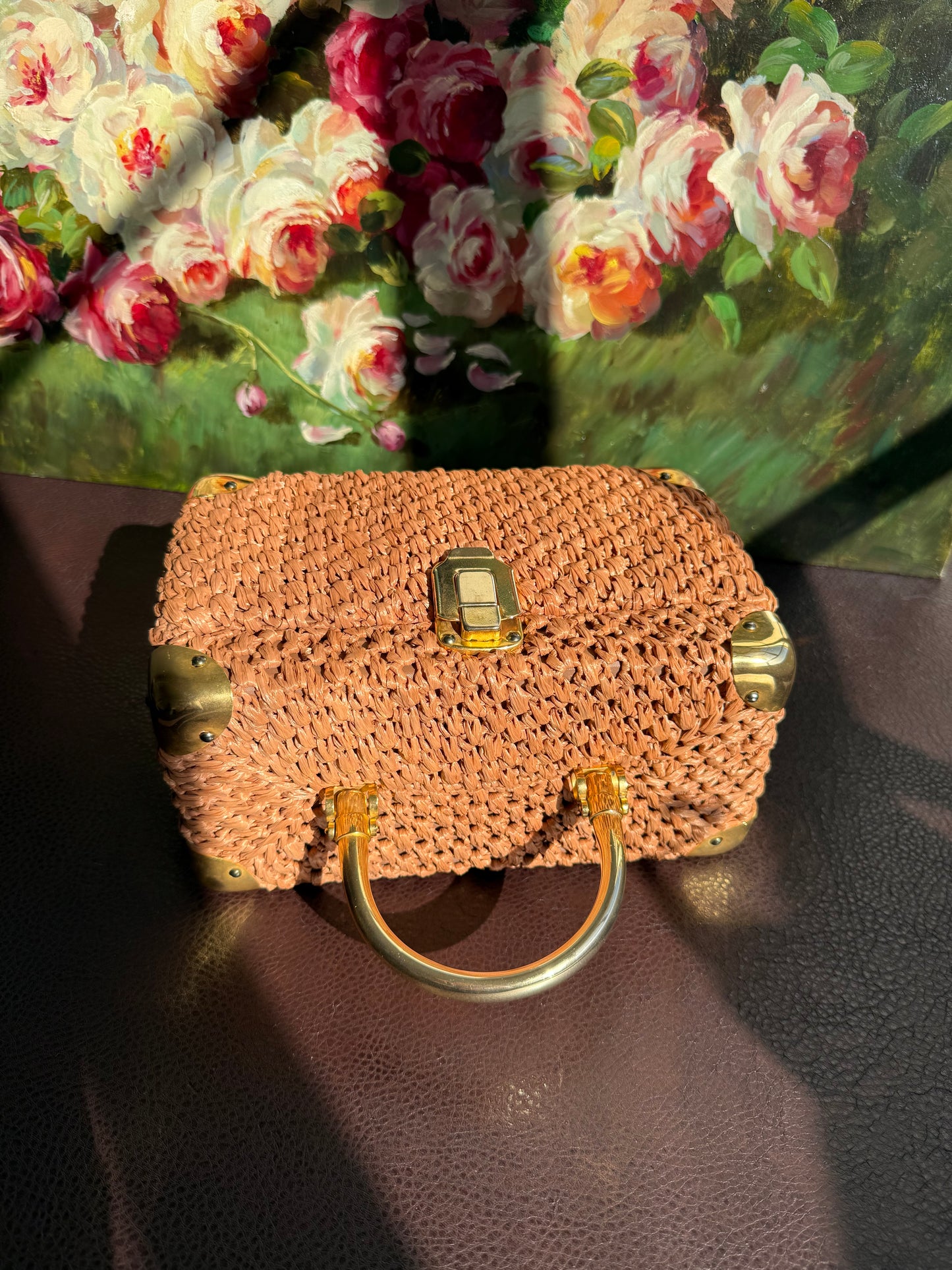 Italian Luxury Vintage Box Purse Mod Woven Raffia Brown Handbag, from the 50s or 60s