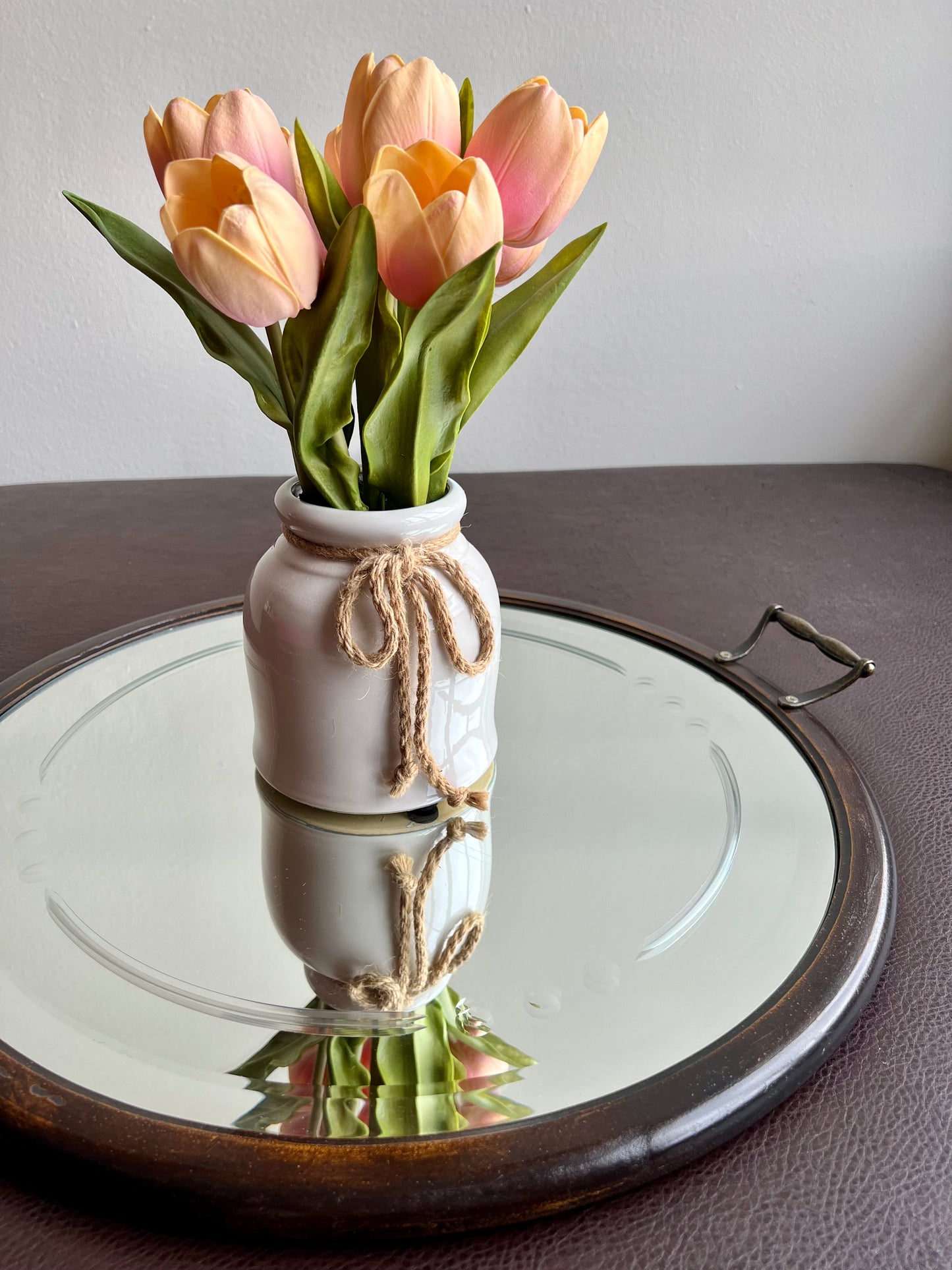 Big Wooden Table Mirror Tray Round Shaped with Two Brass Handles