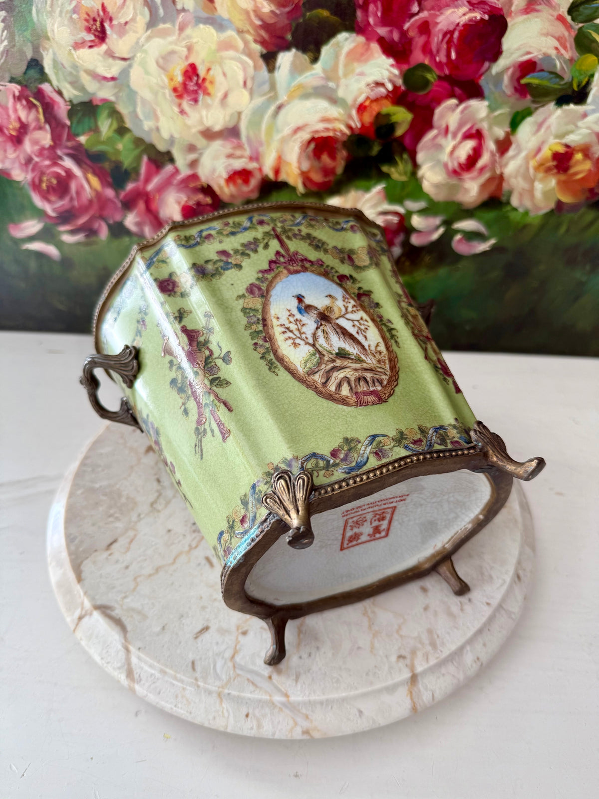 Antique Green Pheasant Bird and Floral Garland Porcelain Brass Footed Cache Pot or Jardiniere