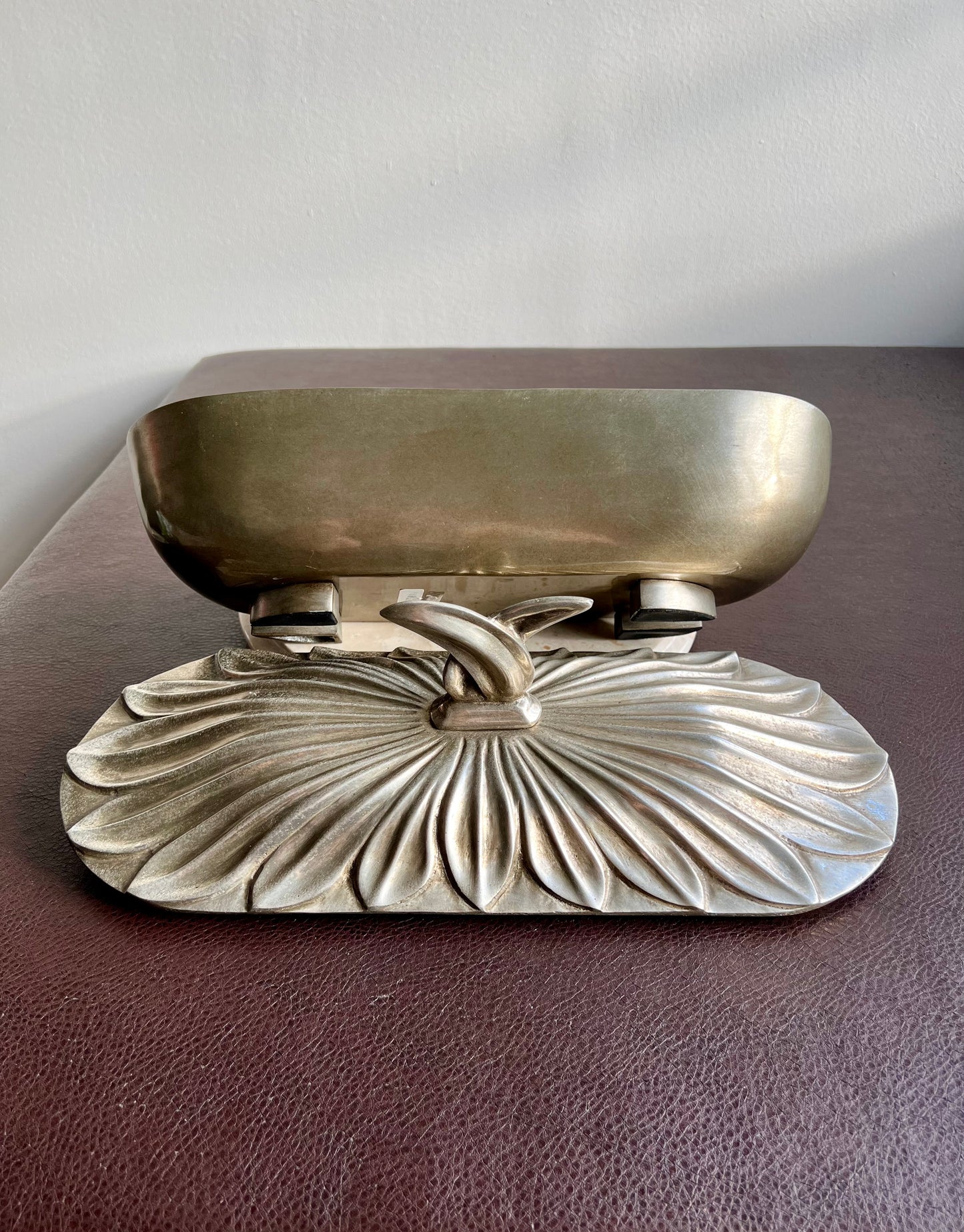 Art Deco Style Big Silver Plated Vintage Oval Metal Bowl with Decorative Flower Petal-shaped Lid, Numbered
