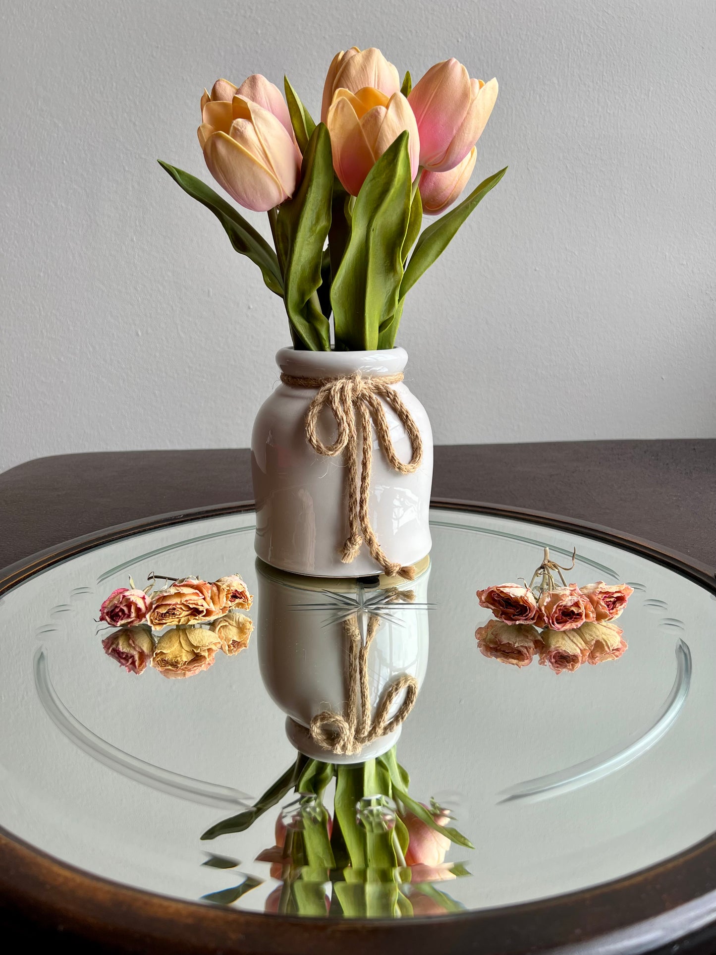 Big Wooden Table Mirror Tray Round Shaped with Two Brass Handles