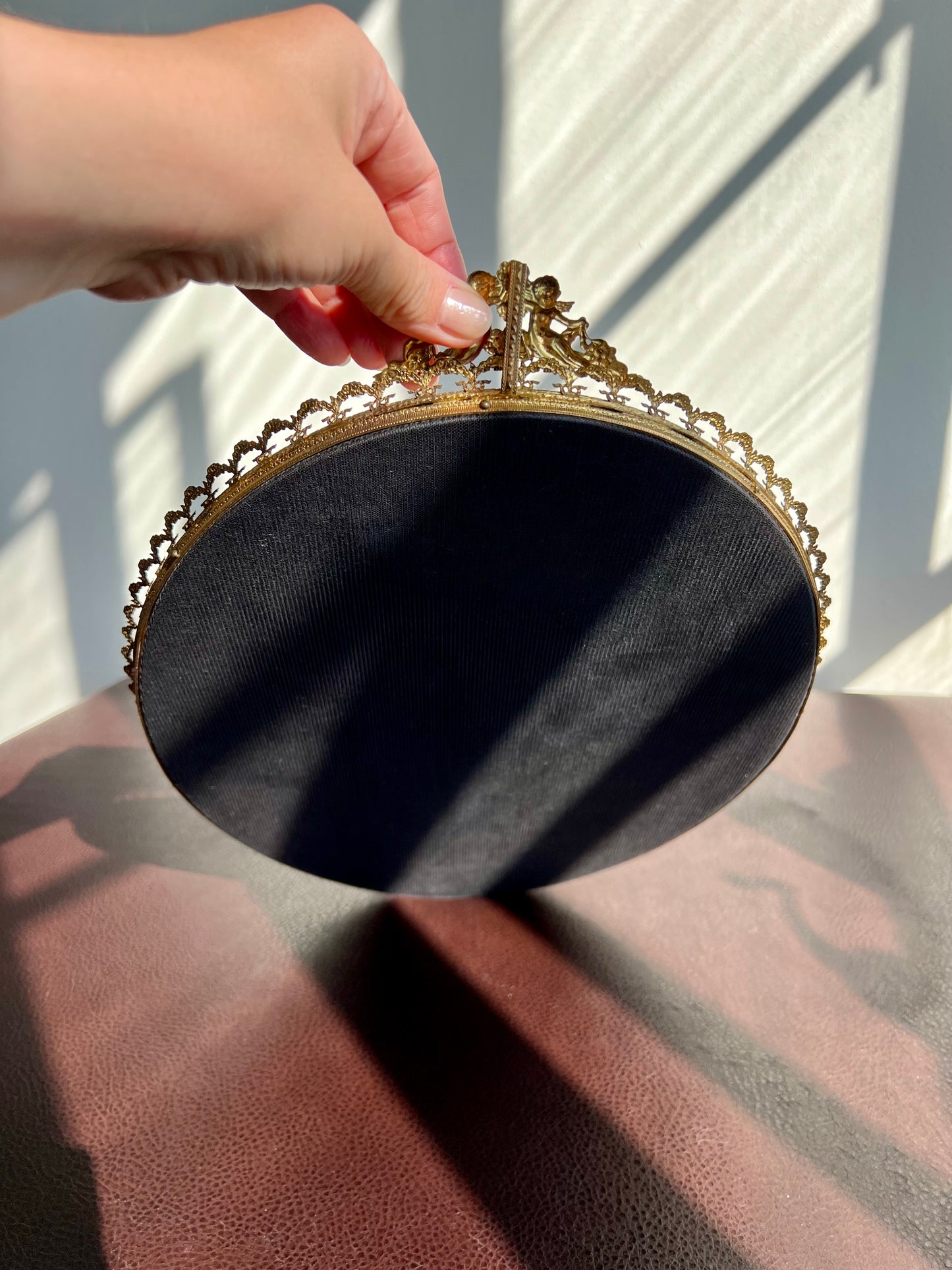 Cherubs Angels Brass Gold Vintage Ormolu Mirror Vanity Tray Oval