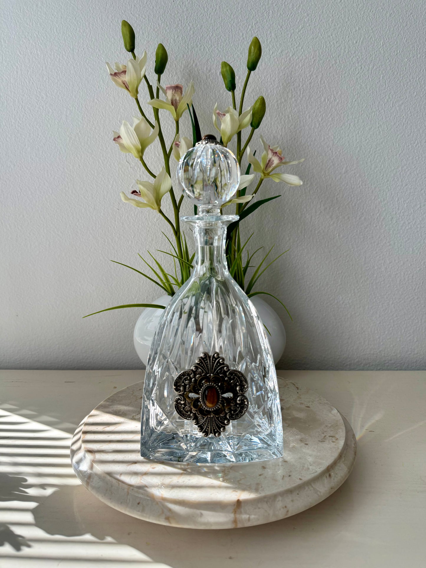 Ann Cichon Dallas Vintage Crystal Decanter with Stopper and Silver Tone Metal Jewels and Stones
