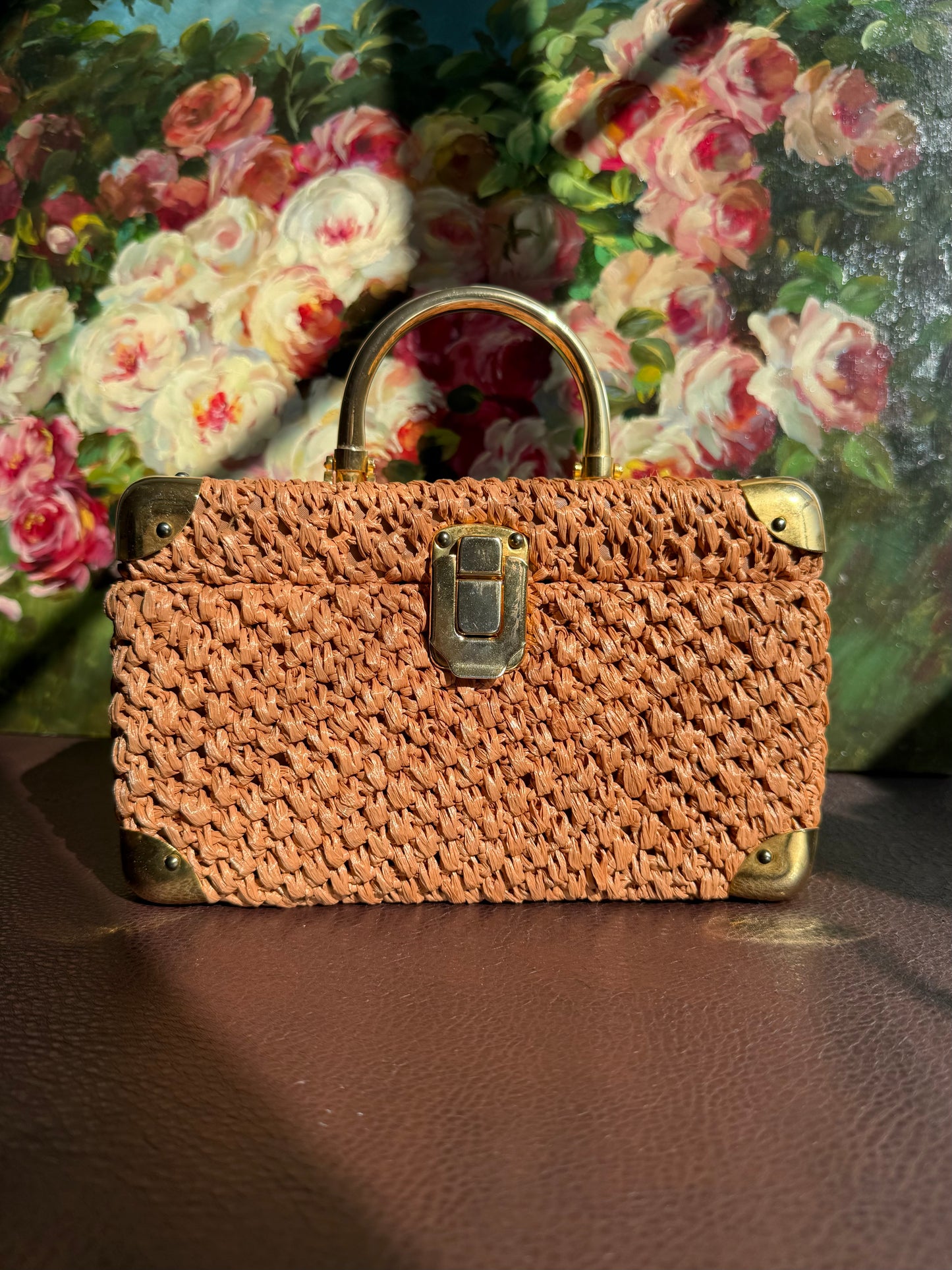 Italian Luxury Vintage Box Purse Mod Woven Raffia Brown Handbag, from the 50s or 60s