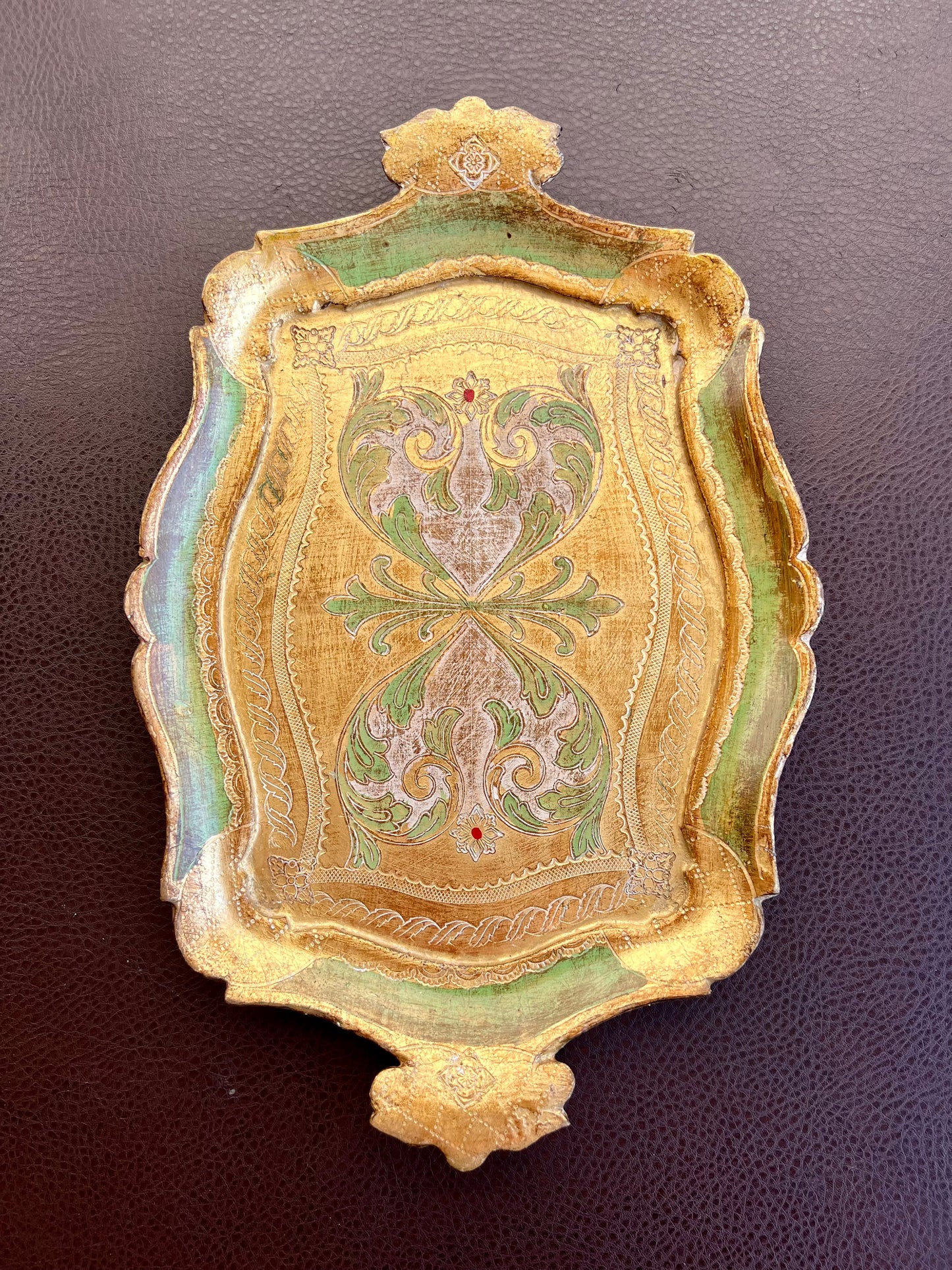 Florentine Italian Style Gold Gilded Vintage Decorative Wooden Tray Green and Gold