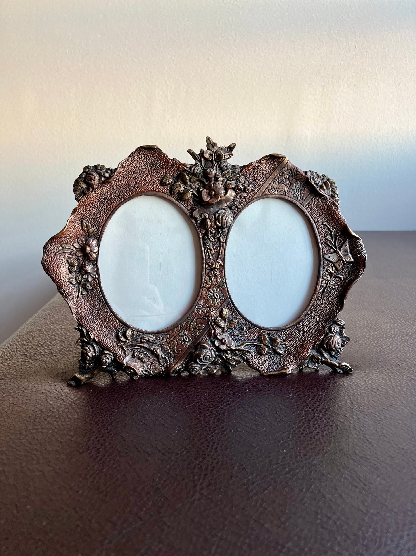 Antique Victorian Style Double Copper Decorative Oval Photo/ Picture Frame with Easel Back