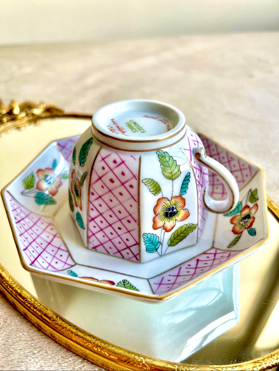 Very Unique Limoges France Vintage Porcelain Tea or Coffee Cup with Saucer & Floral Design, Decorated in Italy