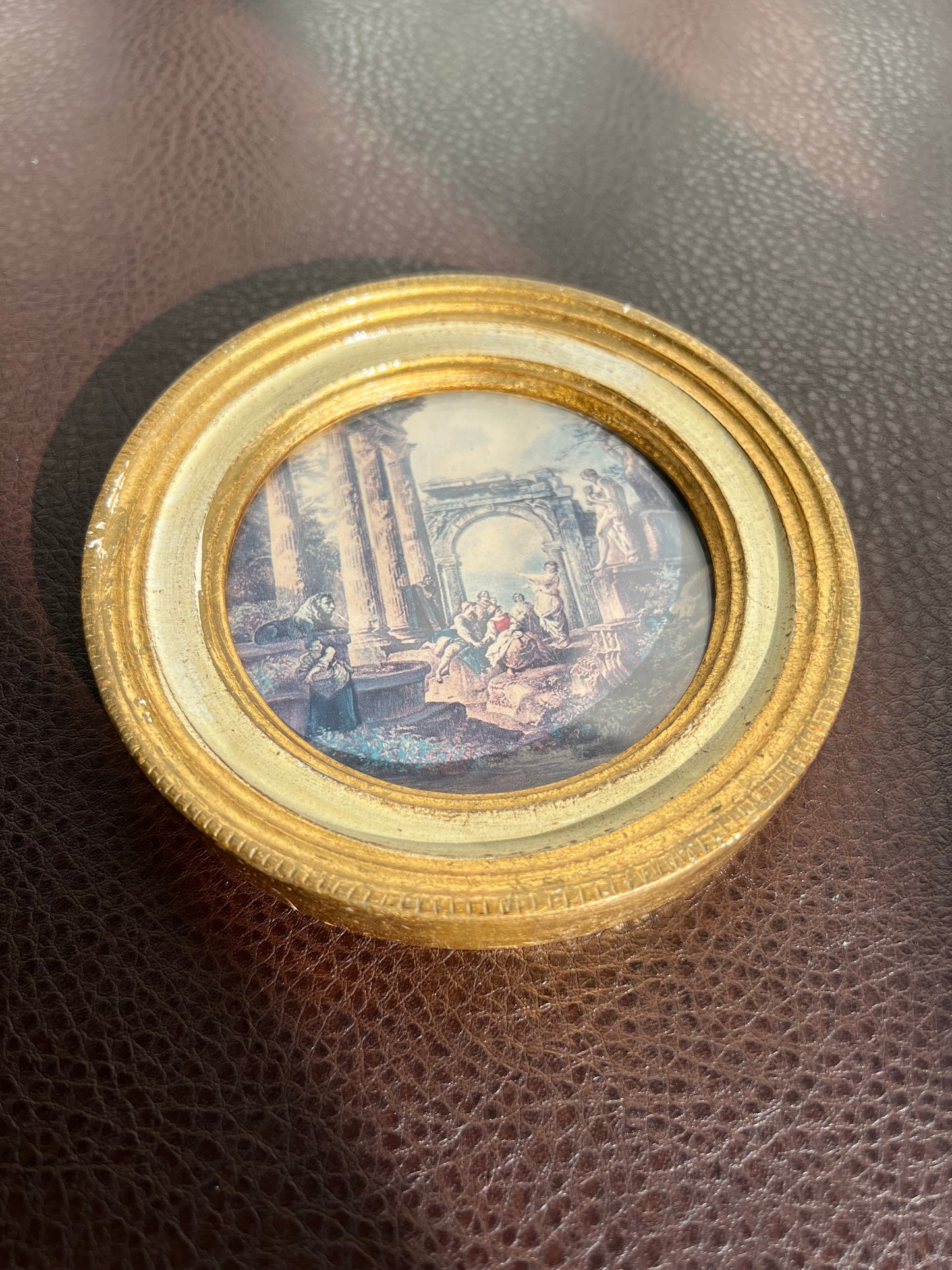 Italian Miniature Round Vintage Florentine Gilt Wood Framed Print