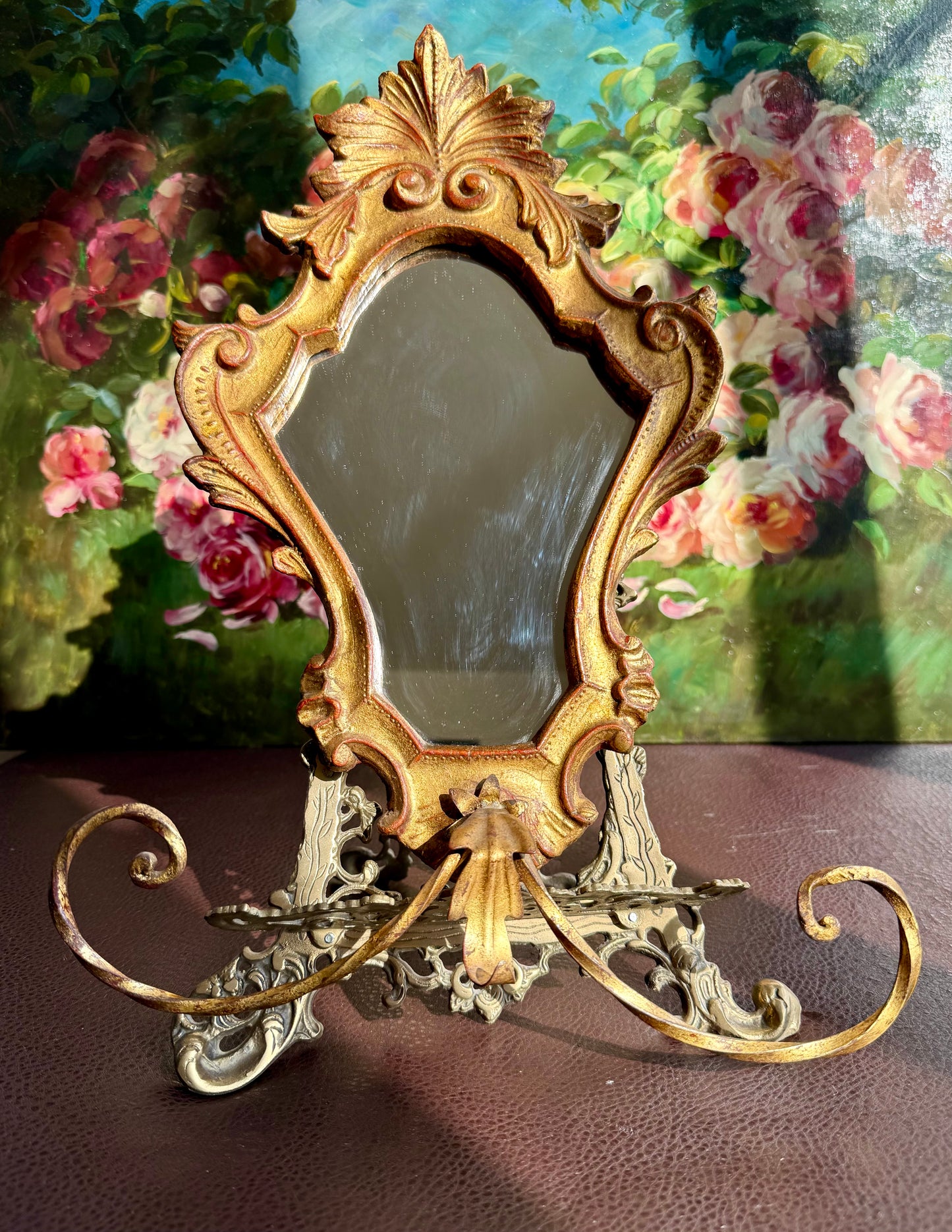 1950s Italian Florentine Rococo Vintage Gilded Wood Wall Mirror with Metal Towel Holder
