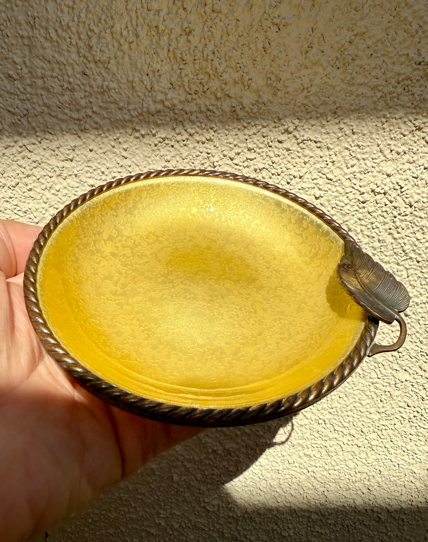 Vintage 1950s Small Yellow Round Guilloche Ashtray, Enamel on Metal Dish/ Plate or Jewelry Holder Tray with Leaf Decoration by Evans
