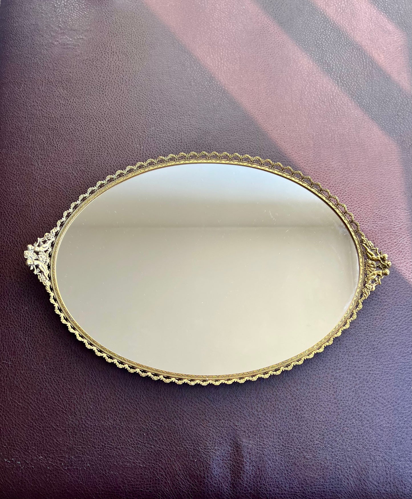 Cherubs Angels Brass Gold Vintage Ormolu Mirror Vanity Tray Oval