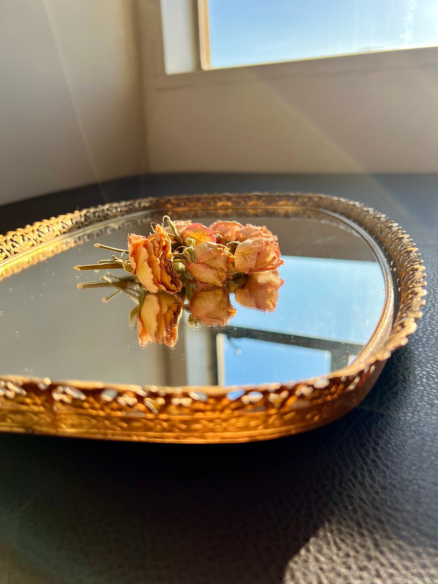 Mid Century Gold Brass Vintage Ormolu Vanity Perfume Tray Oval Mirror - Hollywood Regency