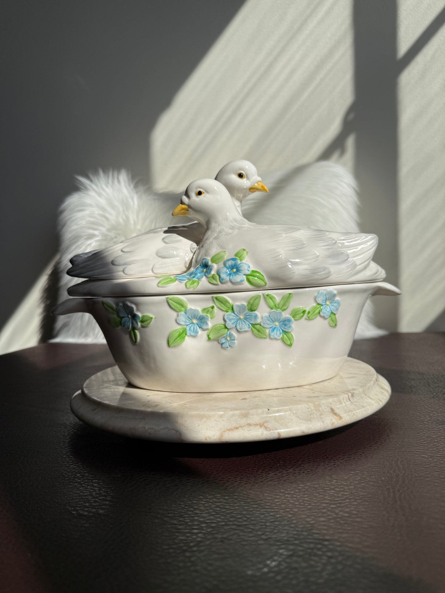 Dove Couple & Forget Me Not Flower Figural Hand Painted Vintage White Ceramic Serving Dish or Soup Tureen, Made in Japan