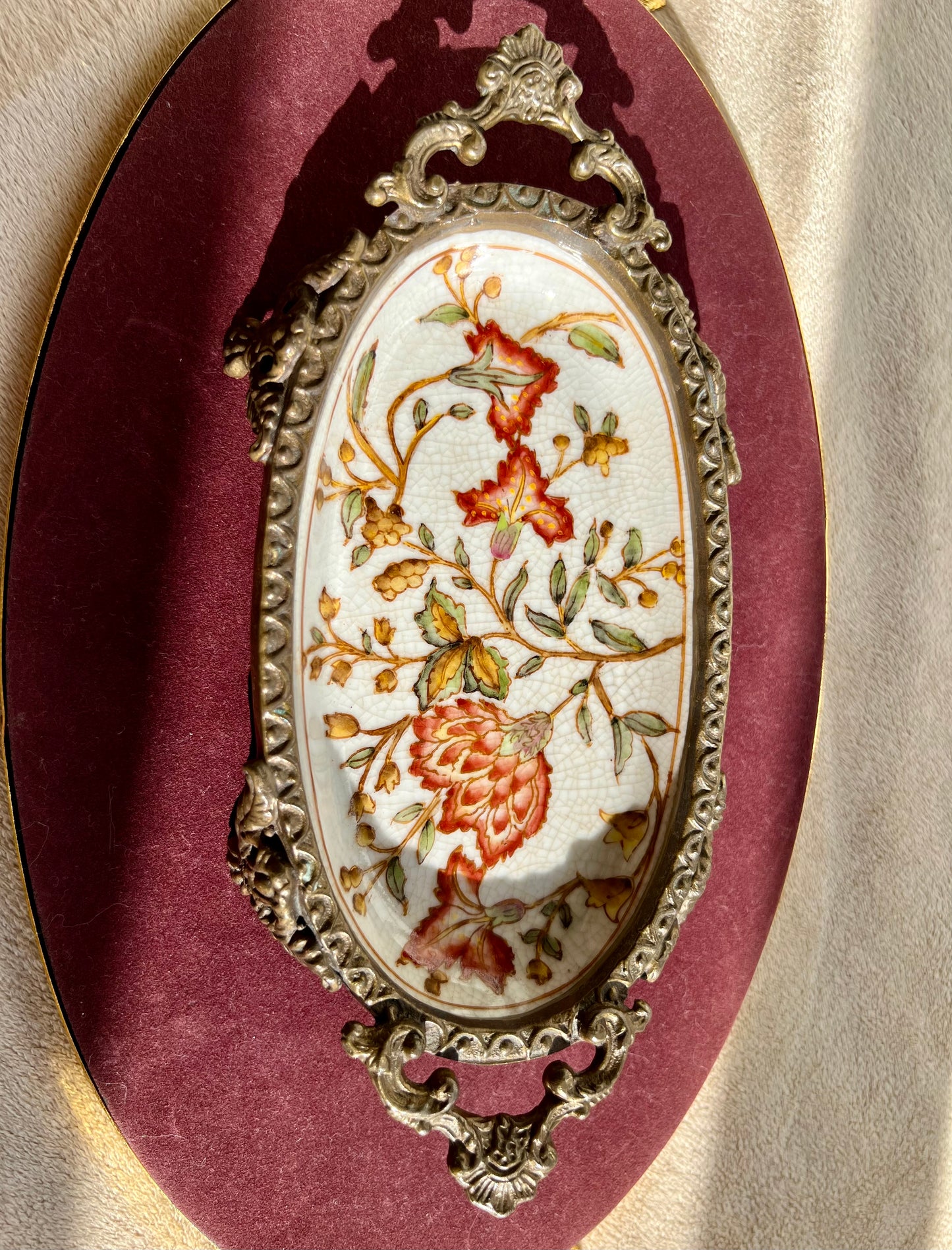 Vintage Chinese Brass and Porcelain Footed Floral Soap Dish Or Trinket Dish