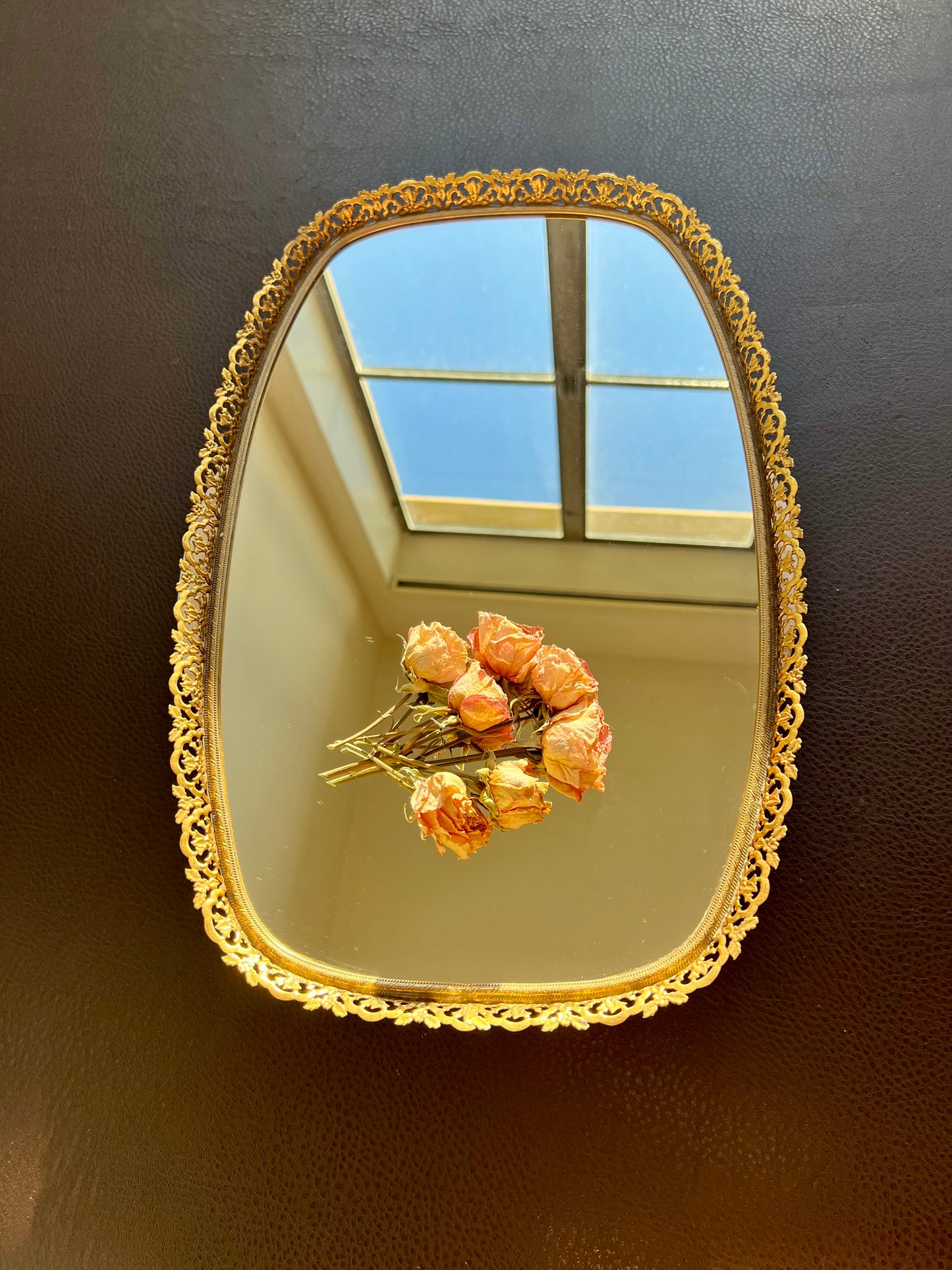 Mid Century Gold Brass Vintage Ormolu Vanity Perfume Tray Oval Mirror - Hollywood Regency