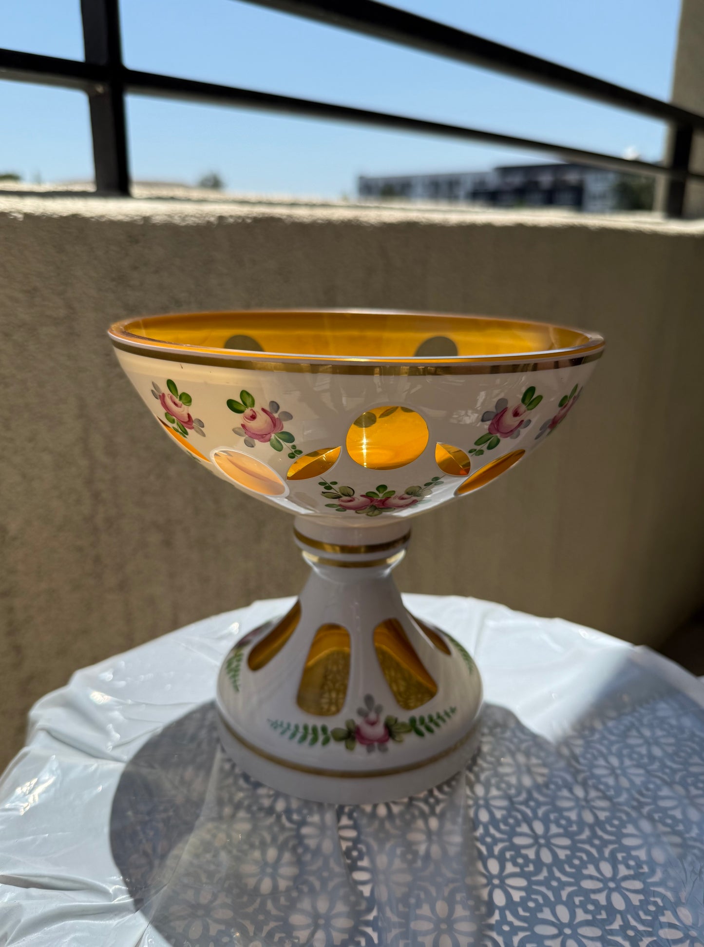 Bohemian Vintage Moser Style Czech Republic Cut Glass Bowl and Floral Painted Candy or Fruit Dish