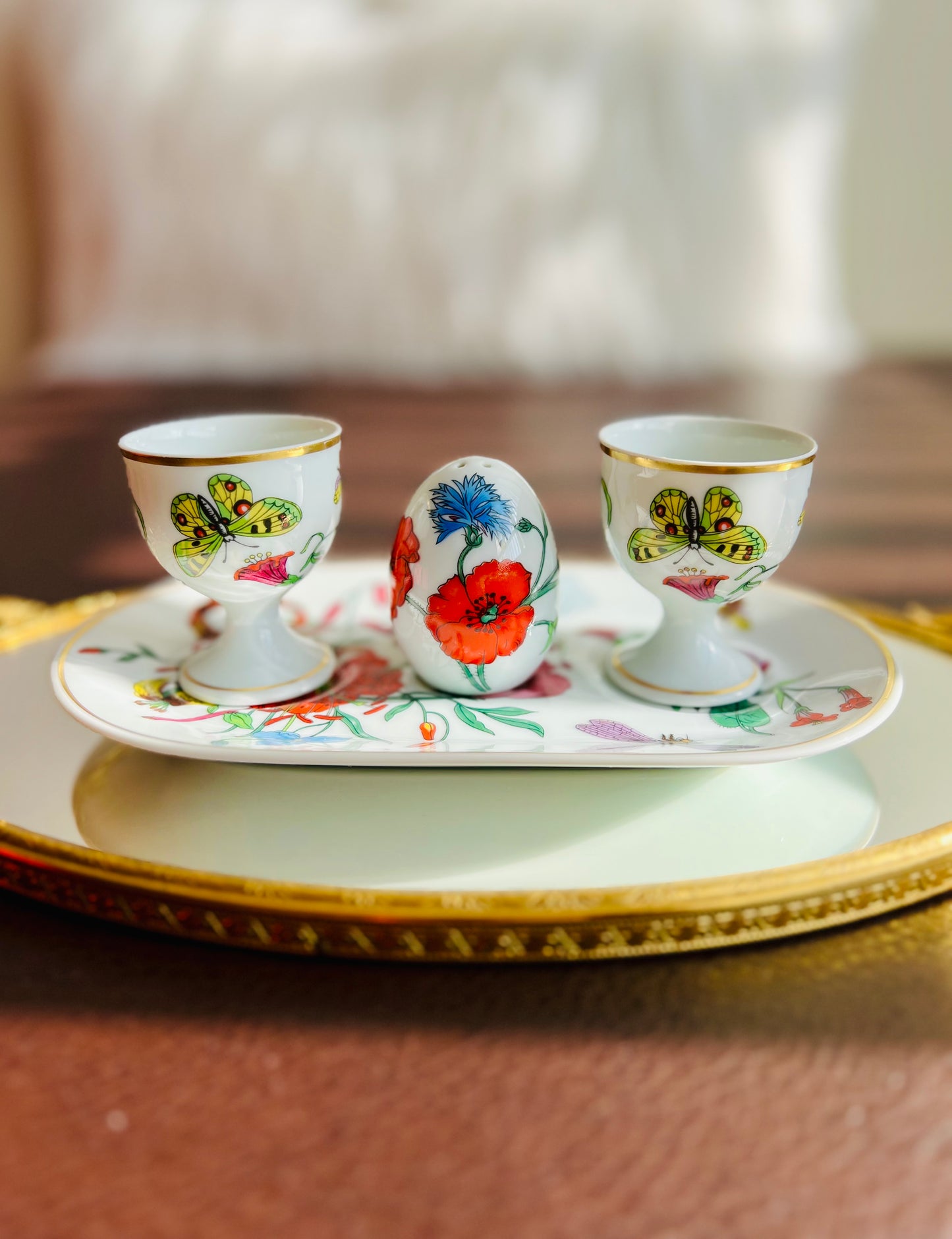 1980s Gucci Bernardaud Limoges Floral & Butterfly Print Porcelain Egg Cup and Salt Shaker Set, Made in France