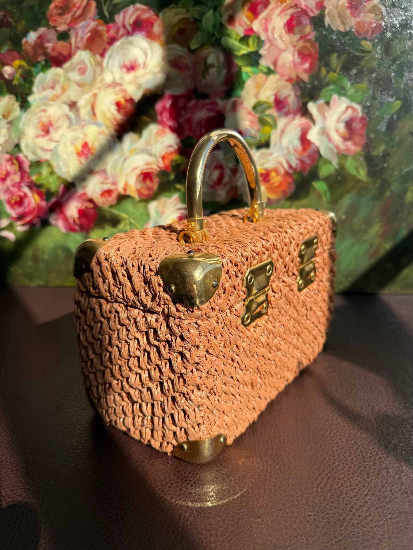Italian Luxury Vintage Box Purse Mod Woven Raffia Brown Handbag, from the 50s or 60s