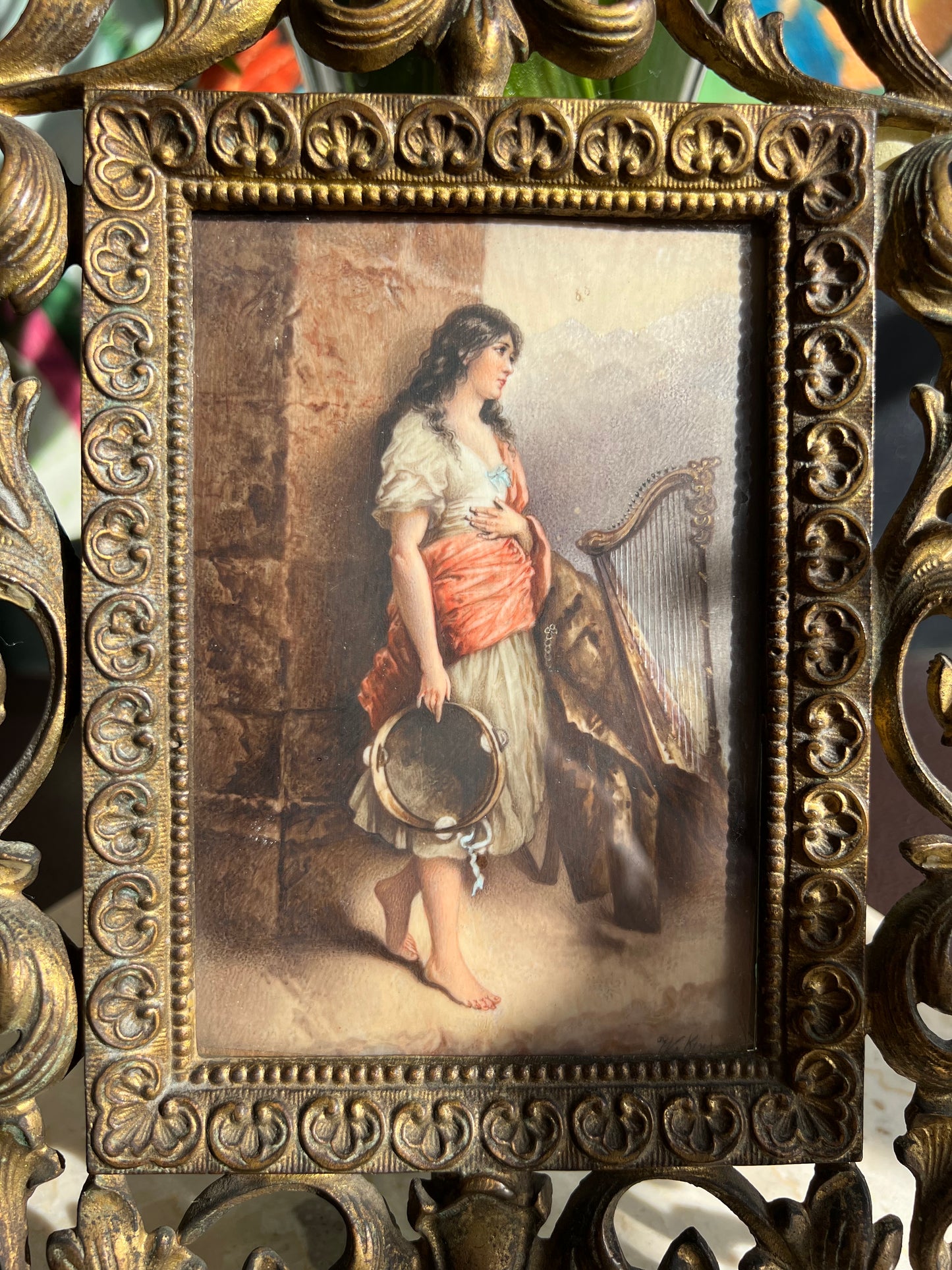 Antique Hand-Painted Original Signed Art of Porcelain Painting with Gilded Florentine Frame from Late 1800s