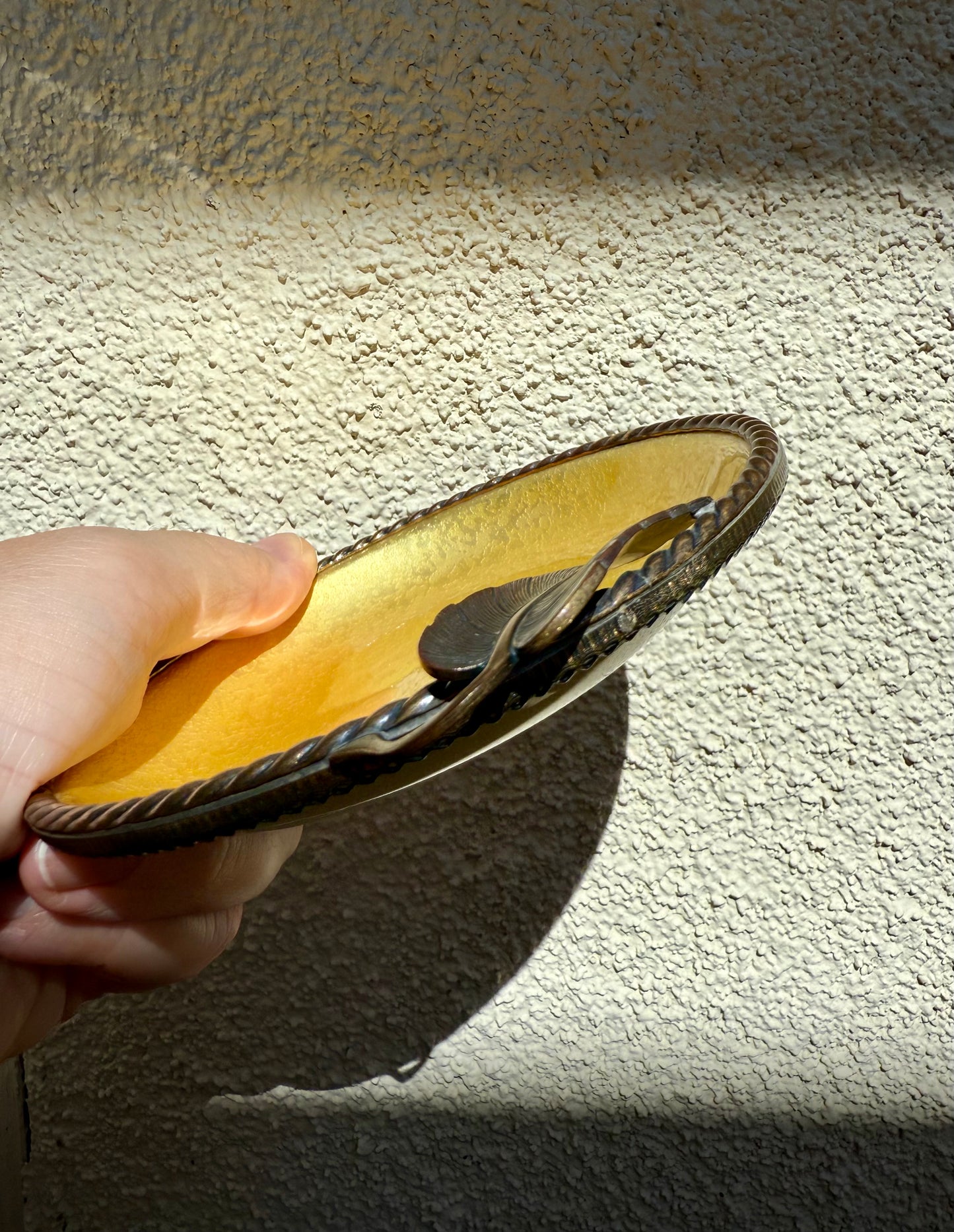 Vintage 1950s Small Yellow Round Guilloche Ashtray, Enamel on Metal Dish/ Plate or Jewelry Holder Tray with Leaf Decoration by Evans