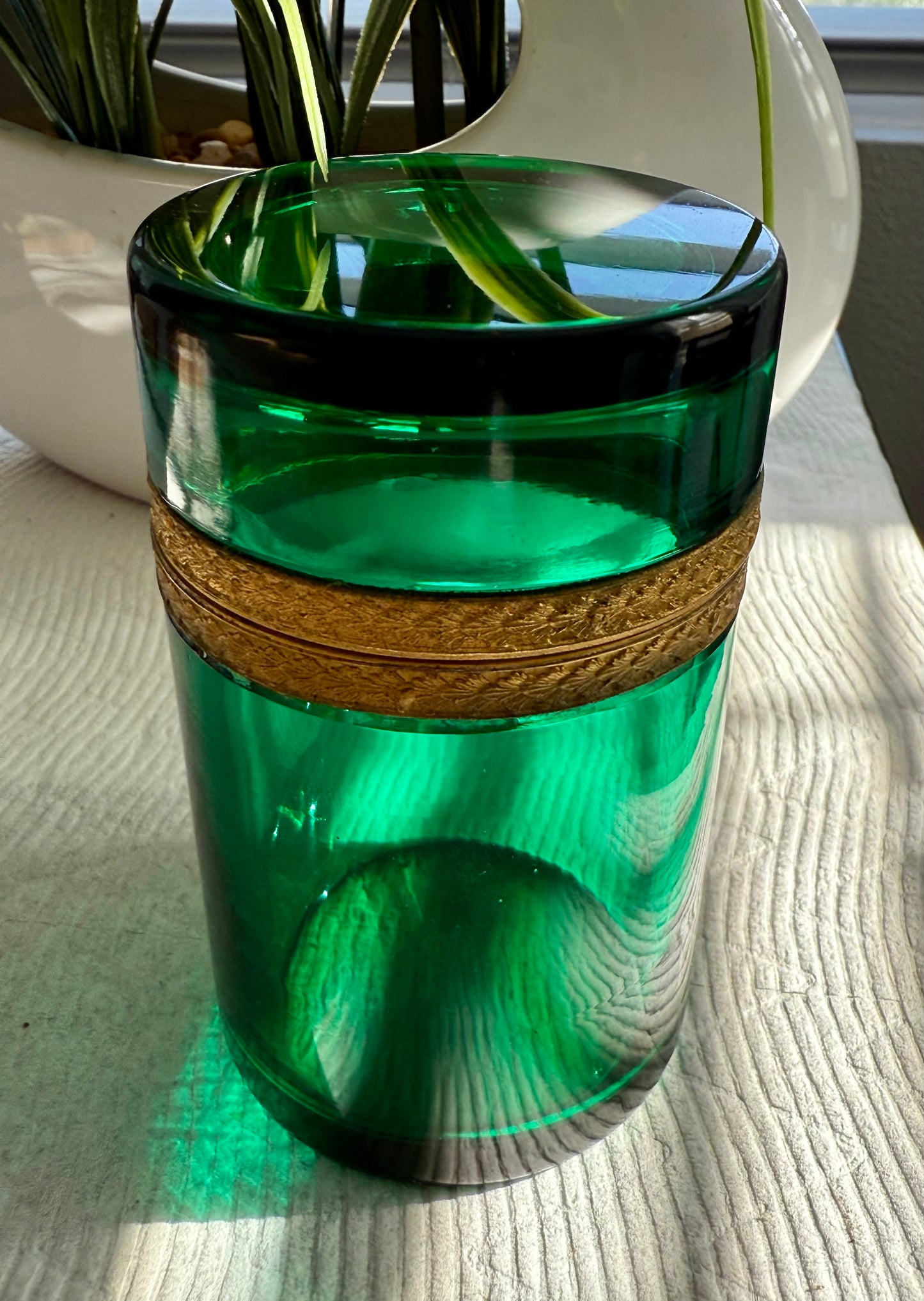 Antique Emerald Green Italian Murano Glass Cylindrical Jewelry or Trinket Box with Bronze Dore Gold Brass Mounts