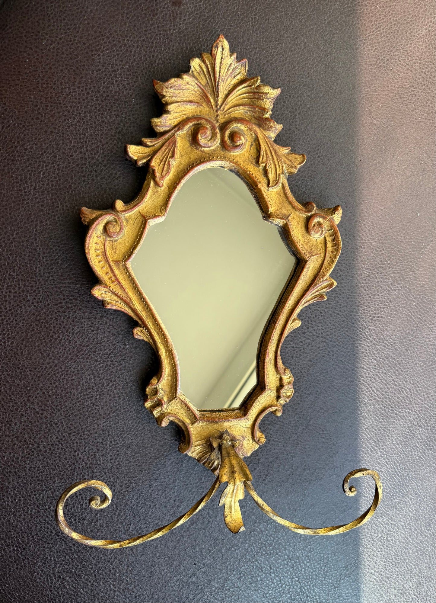 1950s Italian Florentine Rococo Vintage Gilded Wood Wall Mirror with Metal Towel Holder