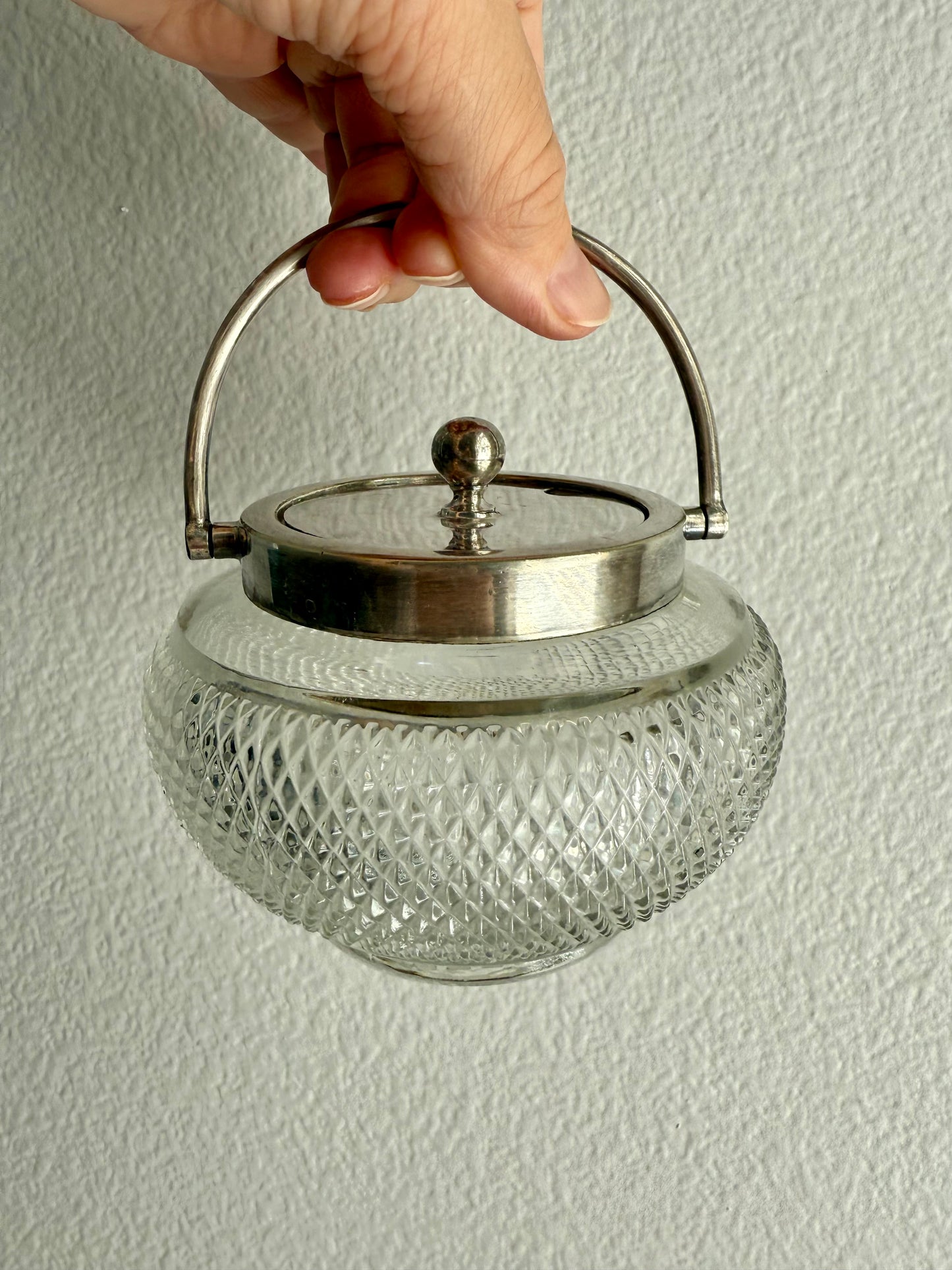Antique Silver-Plated William Hutton & Sons British Cut Glass Biscuit Jar or Candy Holder with Lid and Handle