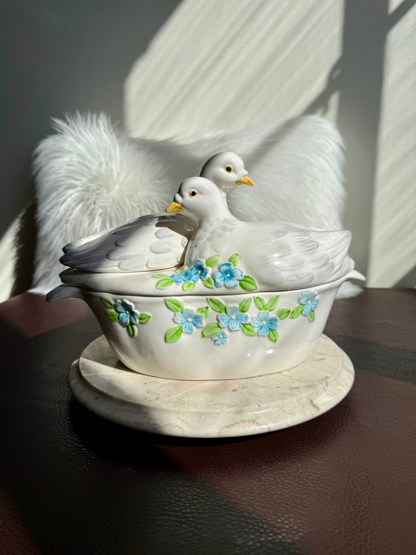 Dove Couple & Forget Me Not Flower Figural Hand Painted Vintage White Ceramic Serving Dish or Soup Tureen, Made in Japan