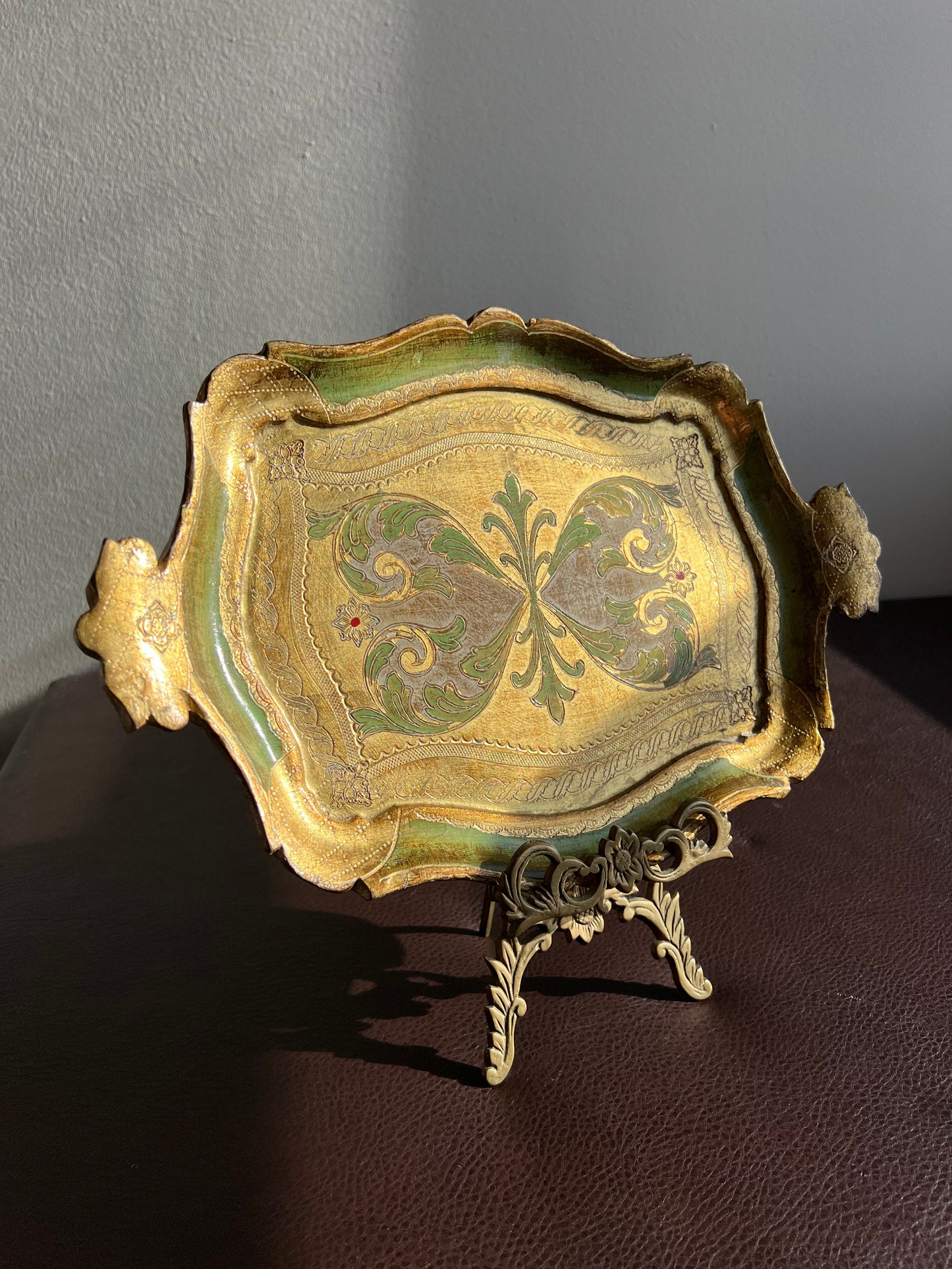 Florentine Italian Style Gold Gilded Vintage Decorative Wooden Tray Green and Gold