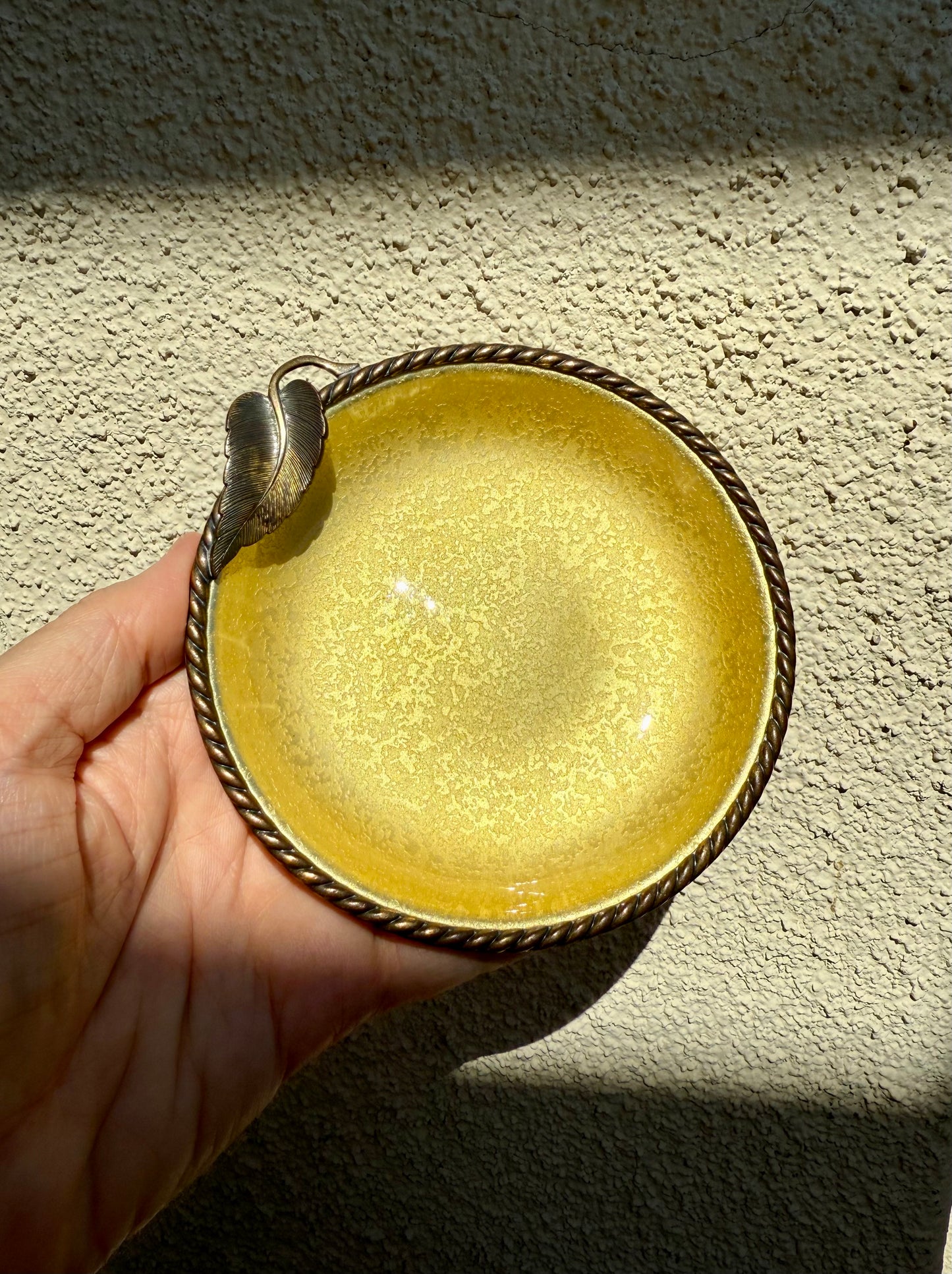Vintage 1950s Small Yellow Round Guilloche Ashtray, Enamel on Metal Dish/ Plate or Jewelry Holder Tray with Leaf Decoration by Evans