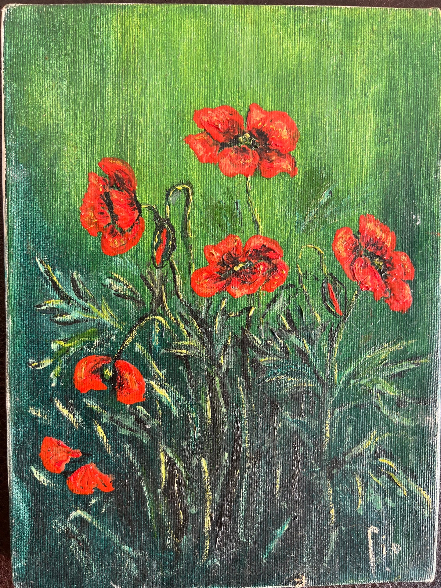 Colorful Field of Poppies Vintage Original Oil Painting on Canvas without Frame, Signed by Artist