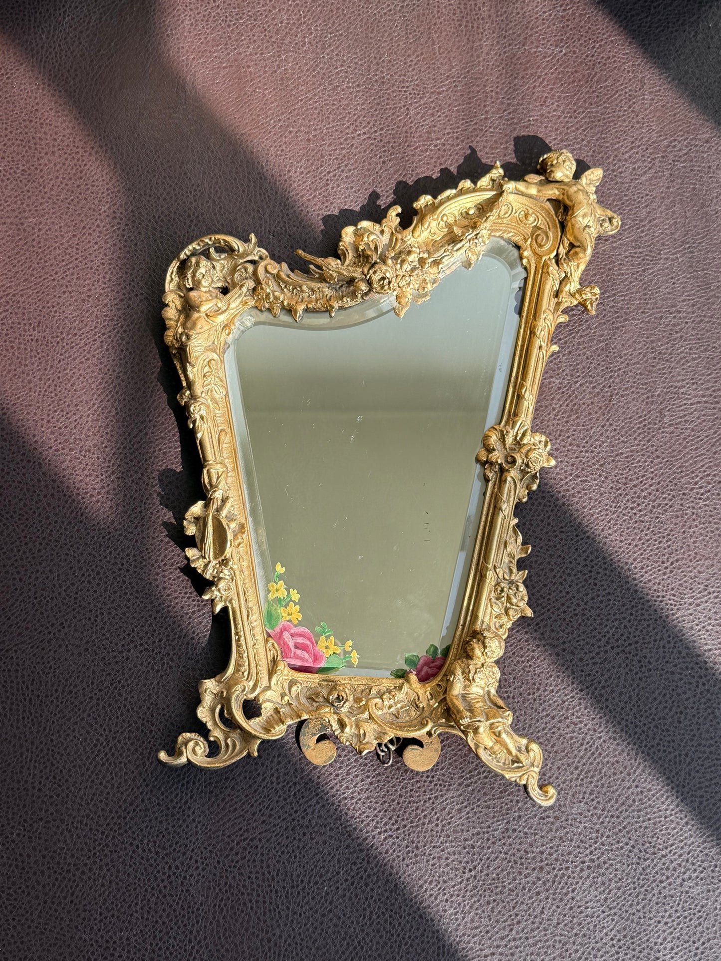 Antique Italian Rococo-Style Table Mirror with Gilded Frame, Featuring Putti (cherubs) Decor and Floral Painting