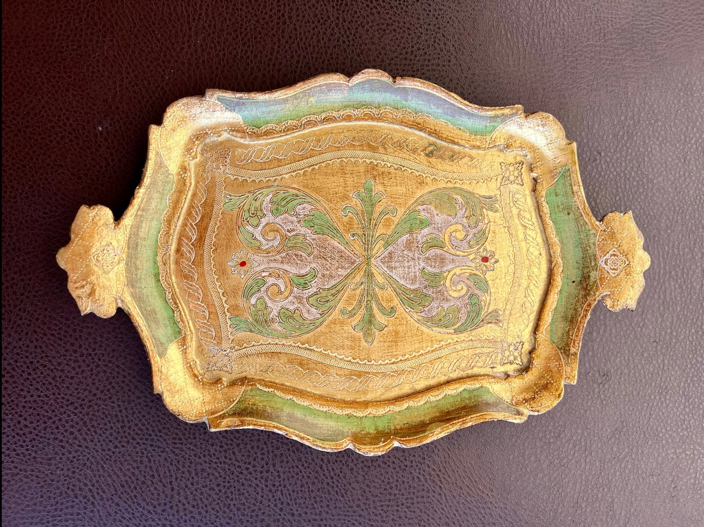 Florentine Italian Style Gold Gilded Vintage Decorative Wooden Tray Green and Gold
