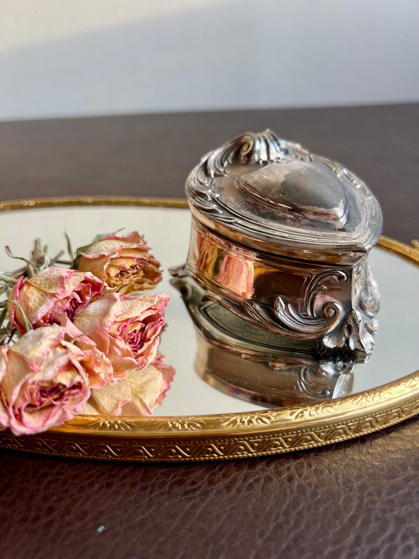 Antique Art Nouveau Silver Plated Heart Shaped Vintage Jewelry Ring Holder, Trinket Box, Blue Velvet Lined Interior