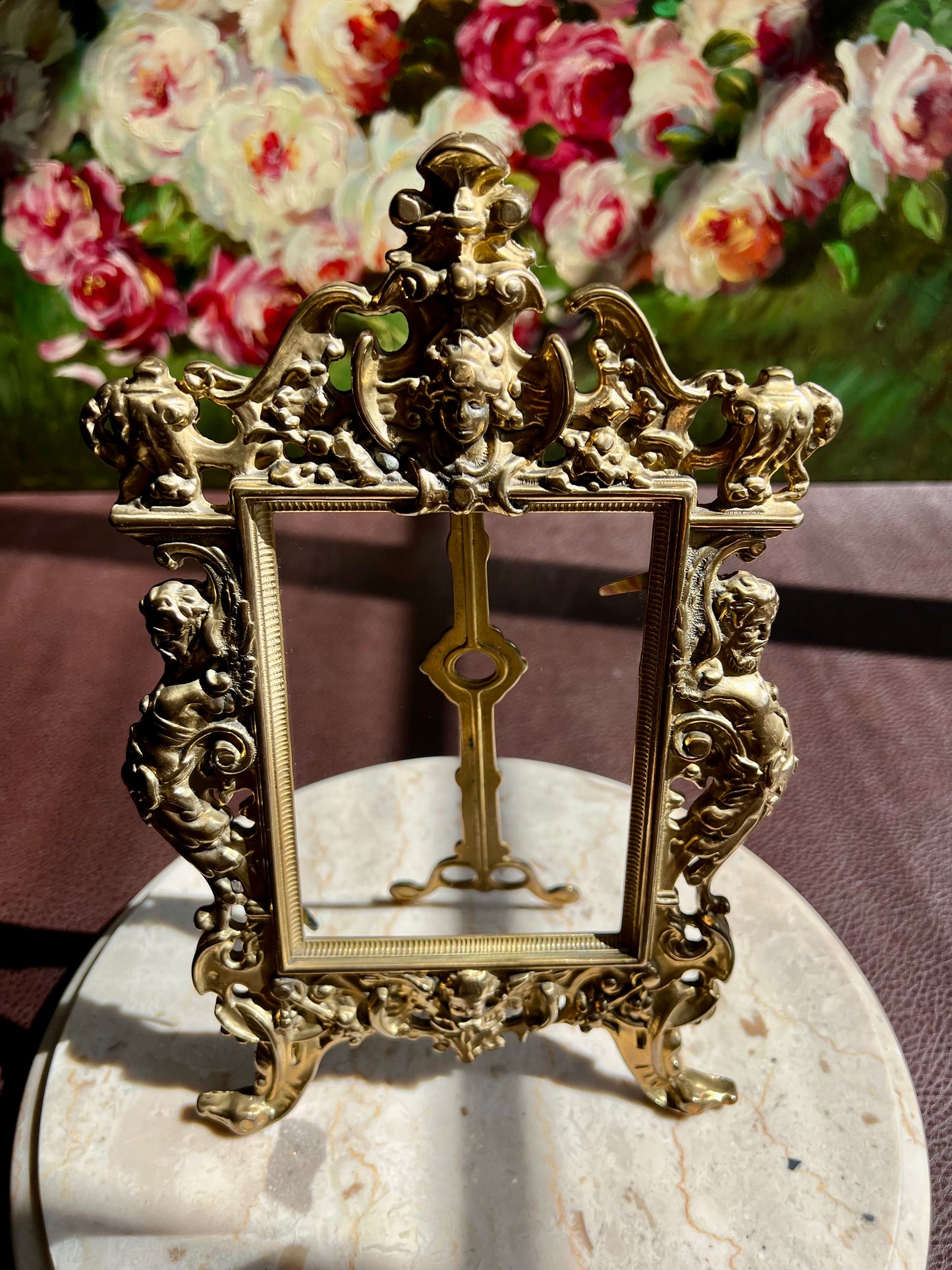 Antique French Brass Victorian Style Ornate Tabletop Photo Frame/ Picture Frame