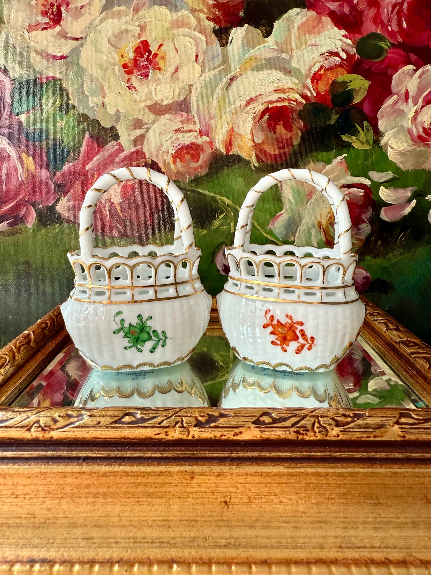 Herend Hungarian Vintage Mini Porcelain Basket with Handle - Made in Hungary