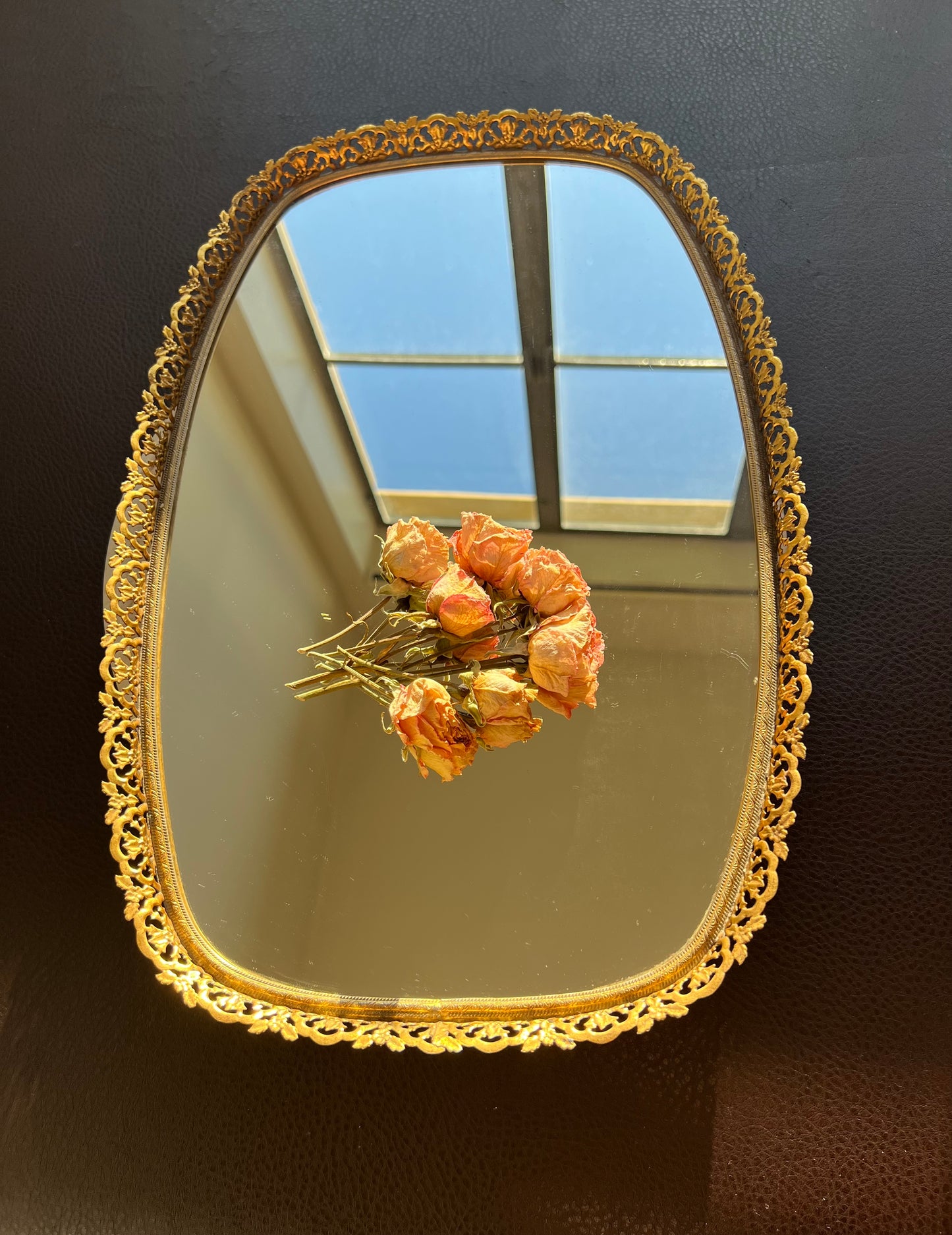 Mid Century Gold Brass Vintage Ormolu Vanity Perfume Tray Oval Mirror - Hollywood Regency