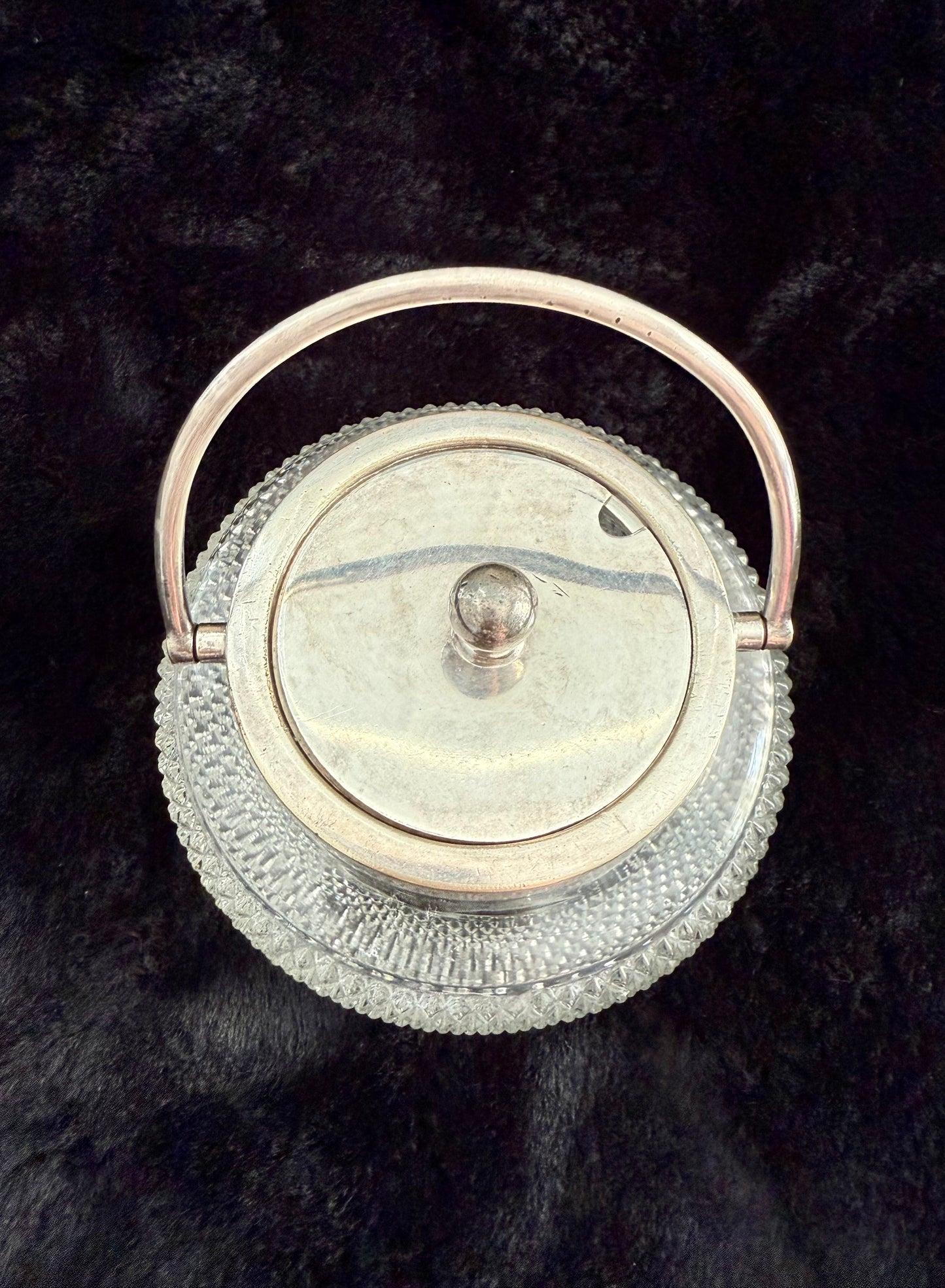 Antique Silver-Plated William Hutton & Sons British Cut Glass Biscuit Jar or Candy Holder with Lid and Handle
