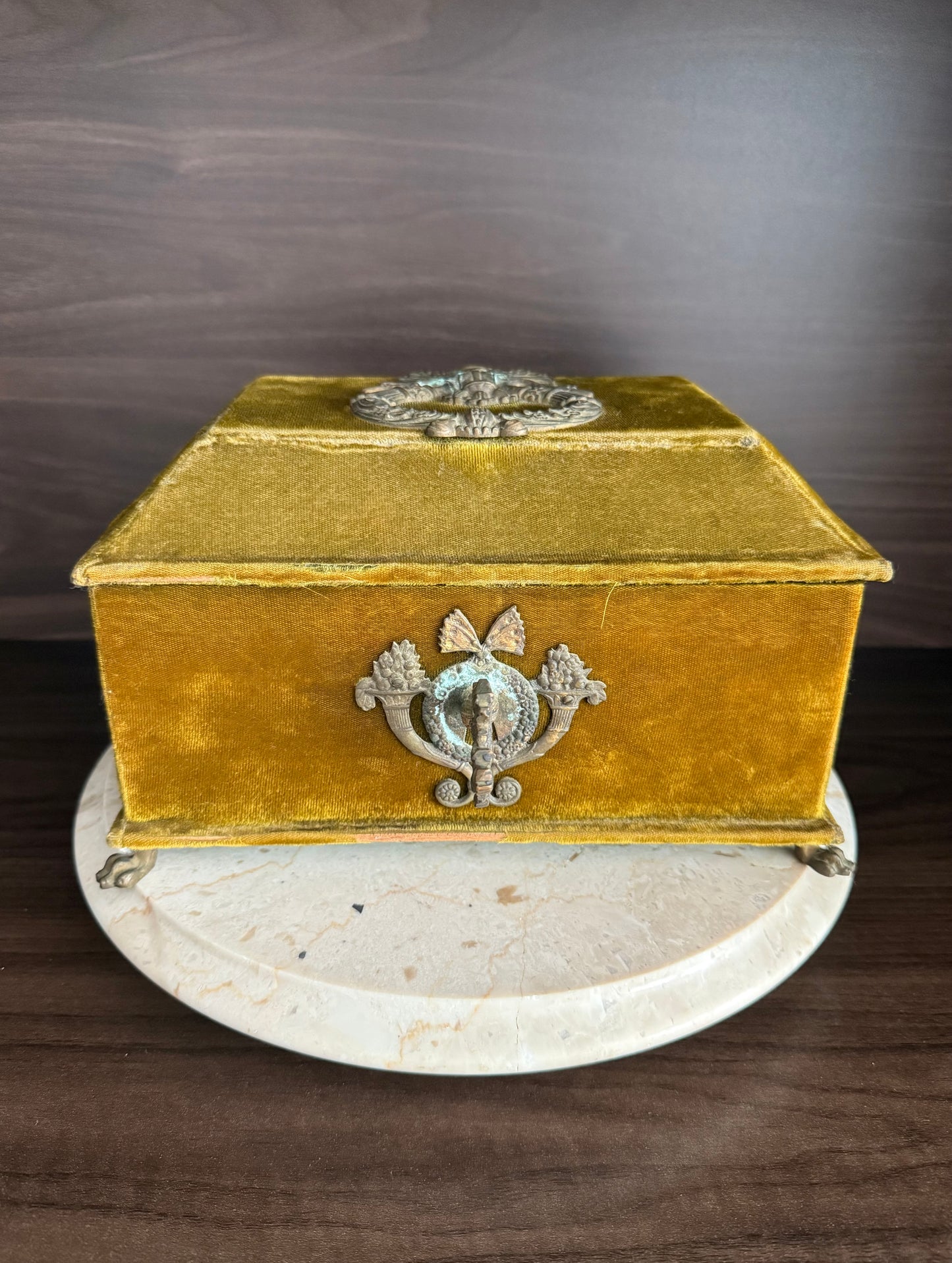 Antique Victorian Jewelry Box “Boudoir” or Sewing Box in Mustard/ Golden/ Green Velvet, Inside Blue Silk from the Early 20th Century