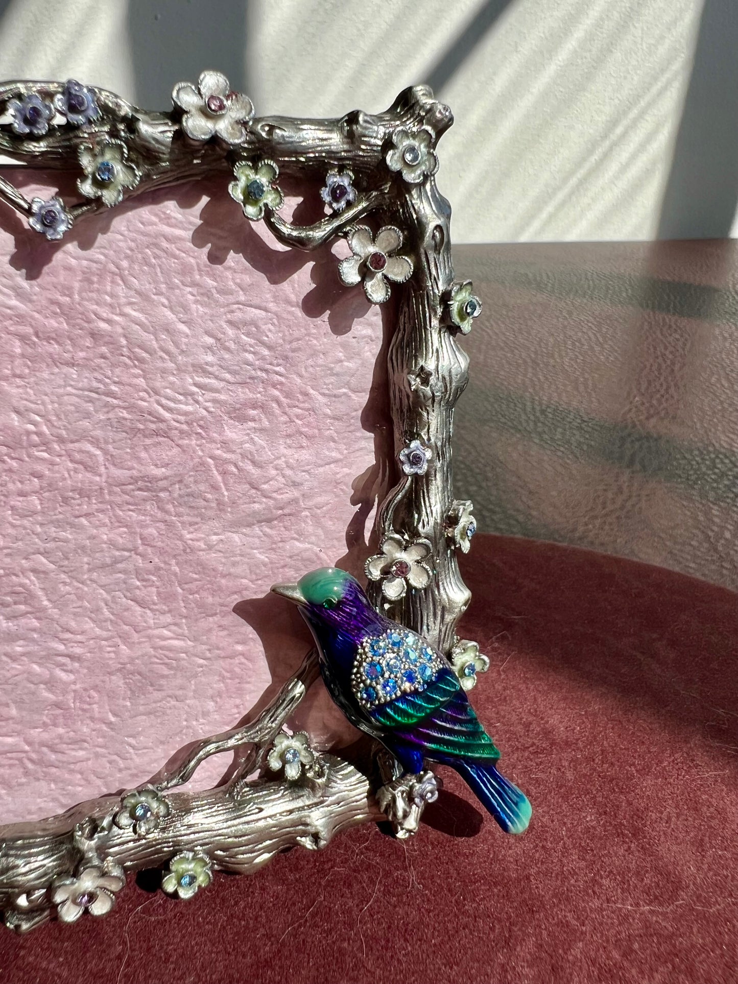 Blue Birds Vintage Metal Photo Frame with Rhinestones, Flowers and Tree Branches